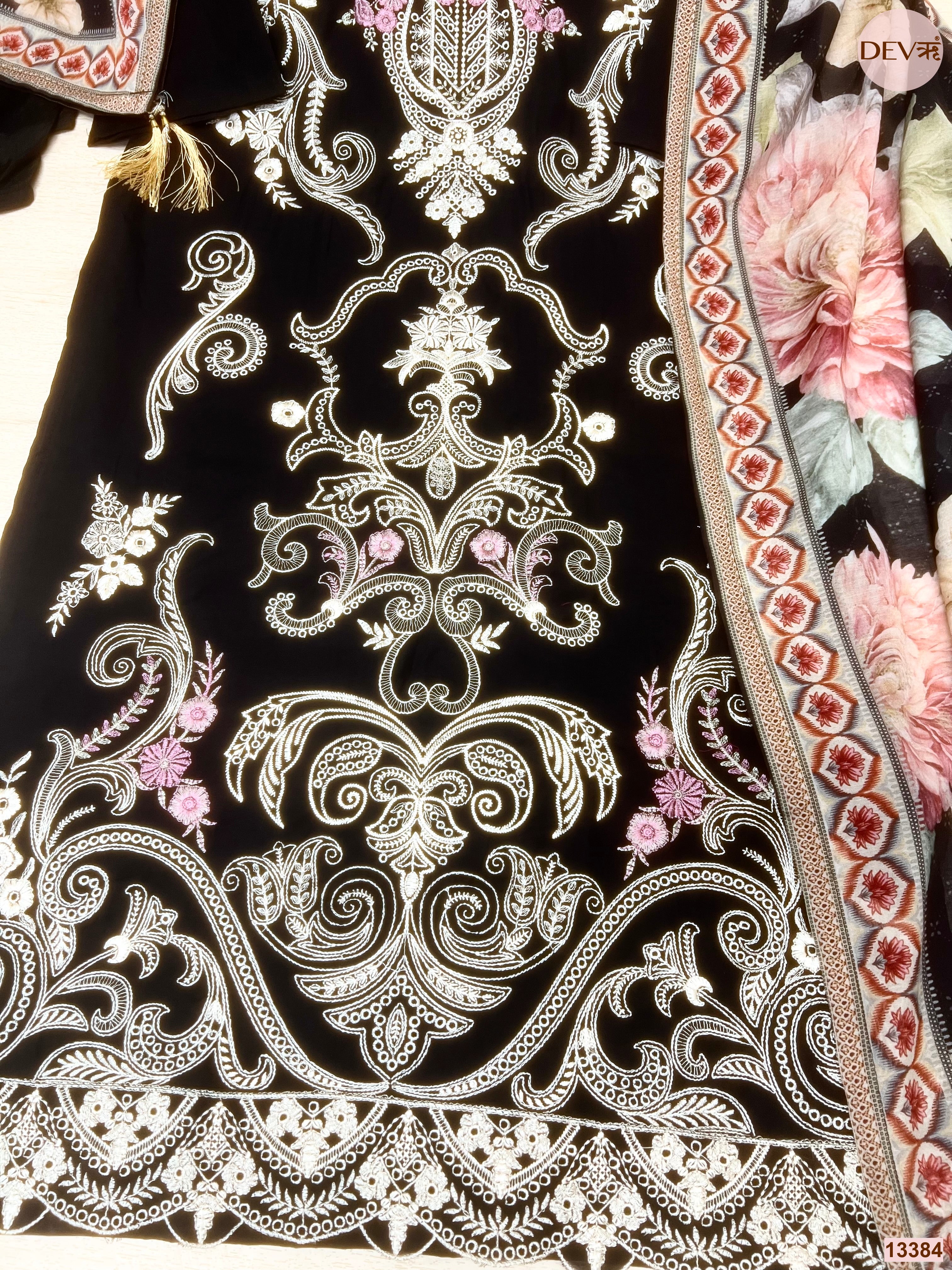 Meher Pure Mul Cotton Embroidered Black 3-Piece Set (Devri – D.No 13384)