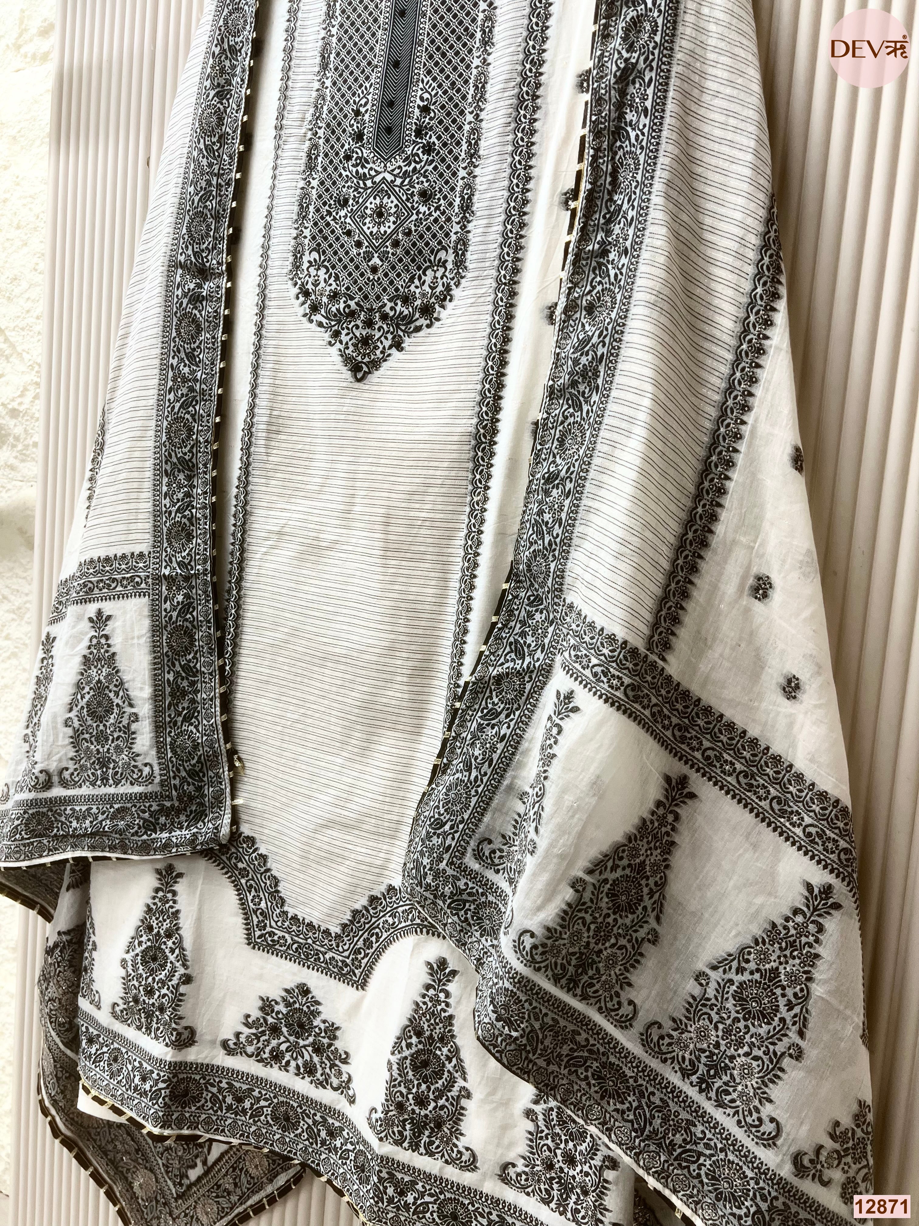 White Jamdani Cotton Printed Unstitched 3-Piece Suit (Devri – D.No 12871)