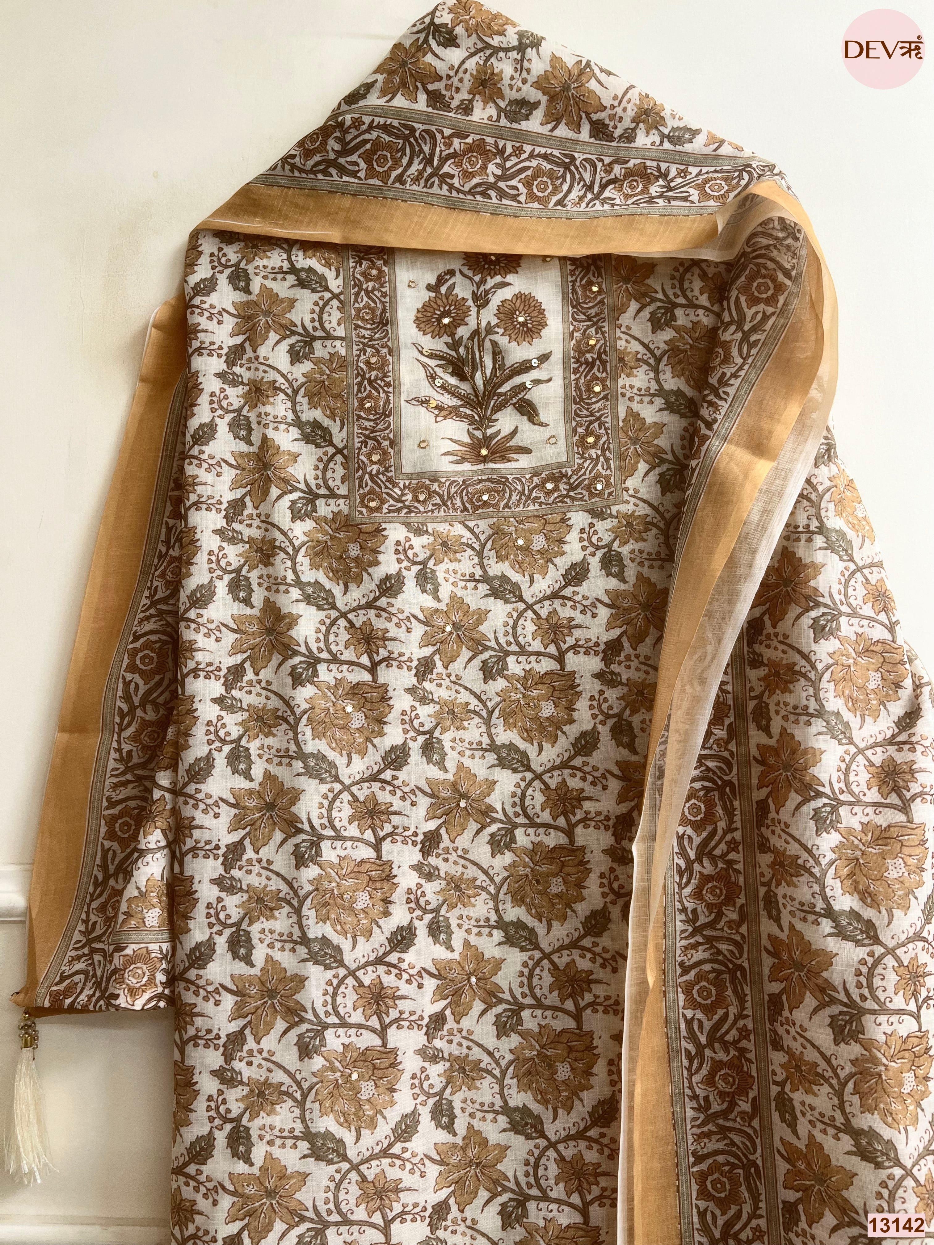 Cream Linen Printed Unstitched 3-Piece Suit (Devri – D.No 13142)