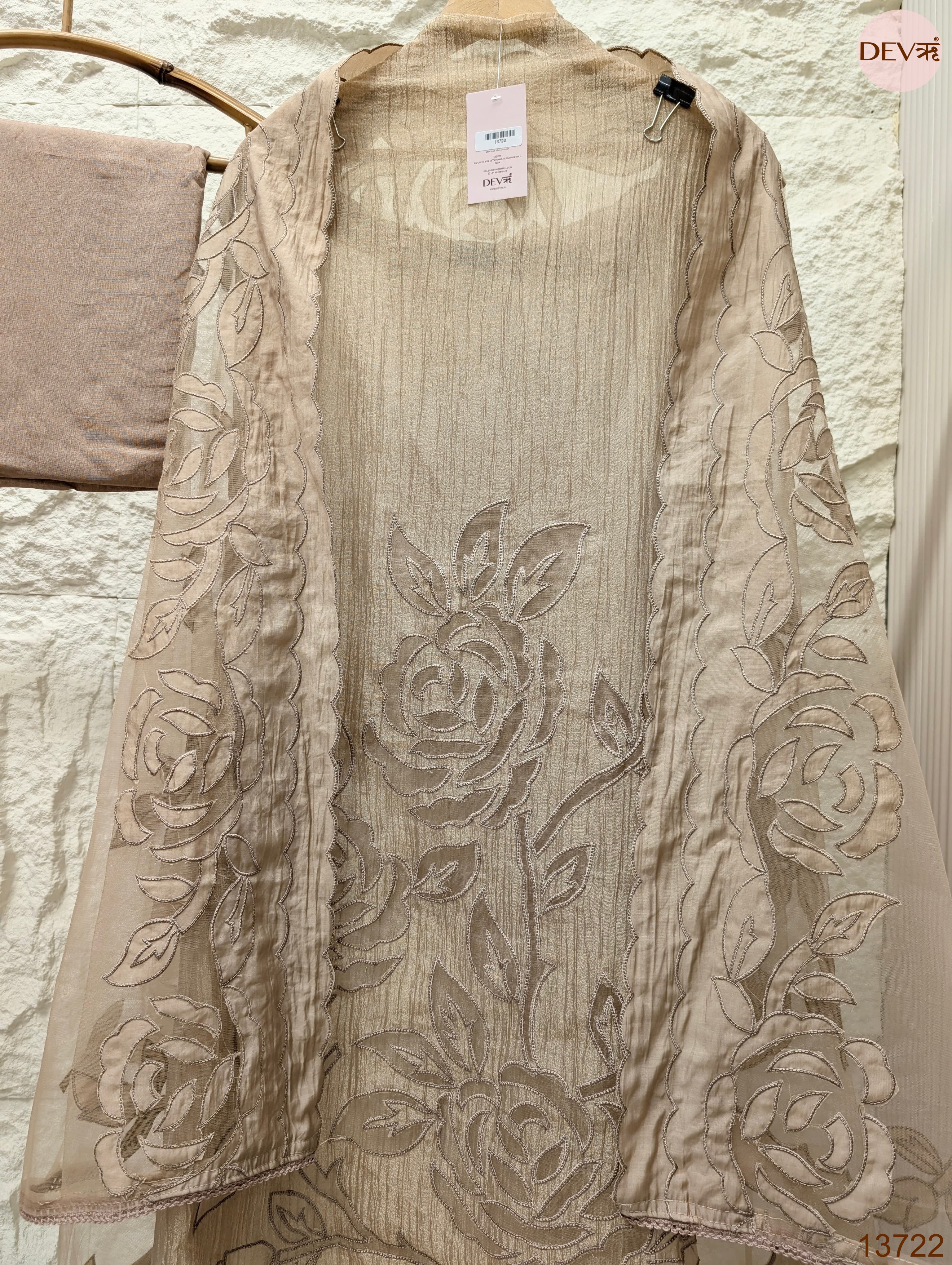 Beige Tissue Silk Embroidered Unstitched 3-Piece Suit (Devri – D.No 13722)