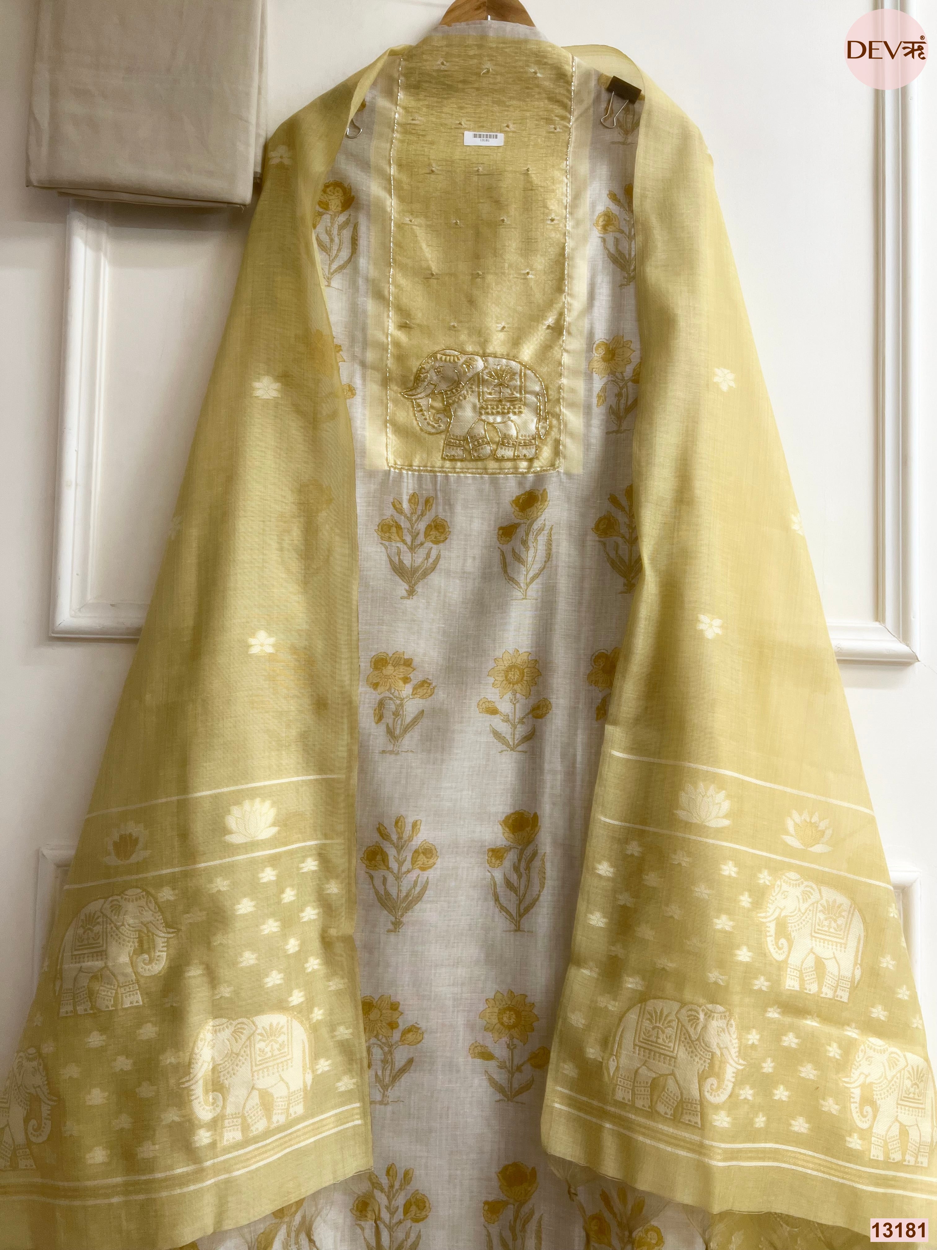 Yellow Mul Chanderi Printed Unstitched 3-Piece Suit (Devri – D.No 13181)