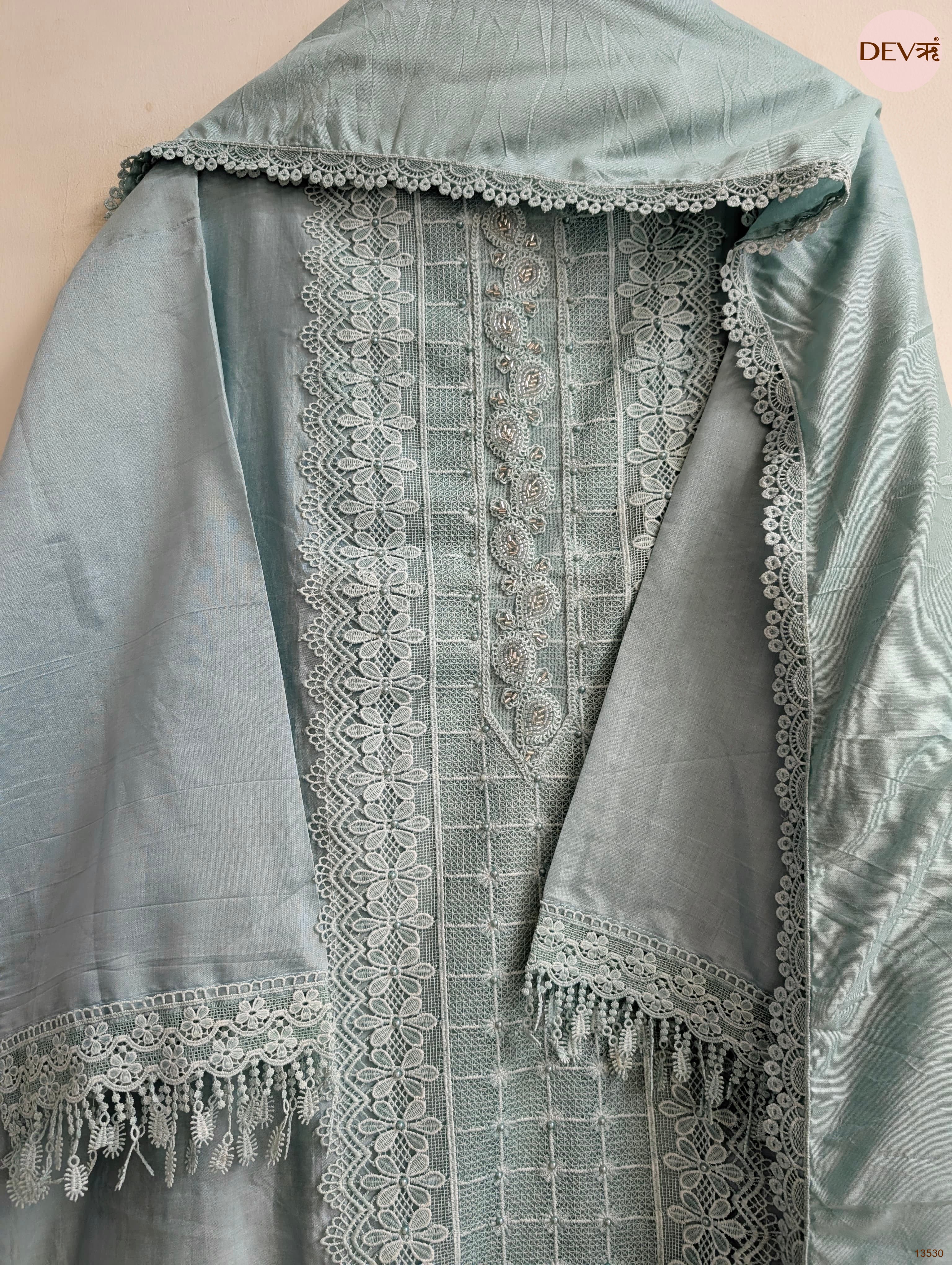 Sea Green Modal Silk Embroidered Unstitched 3-Piece Suit (Devri – D.No 13530)