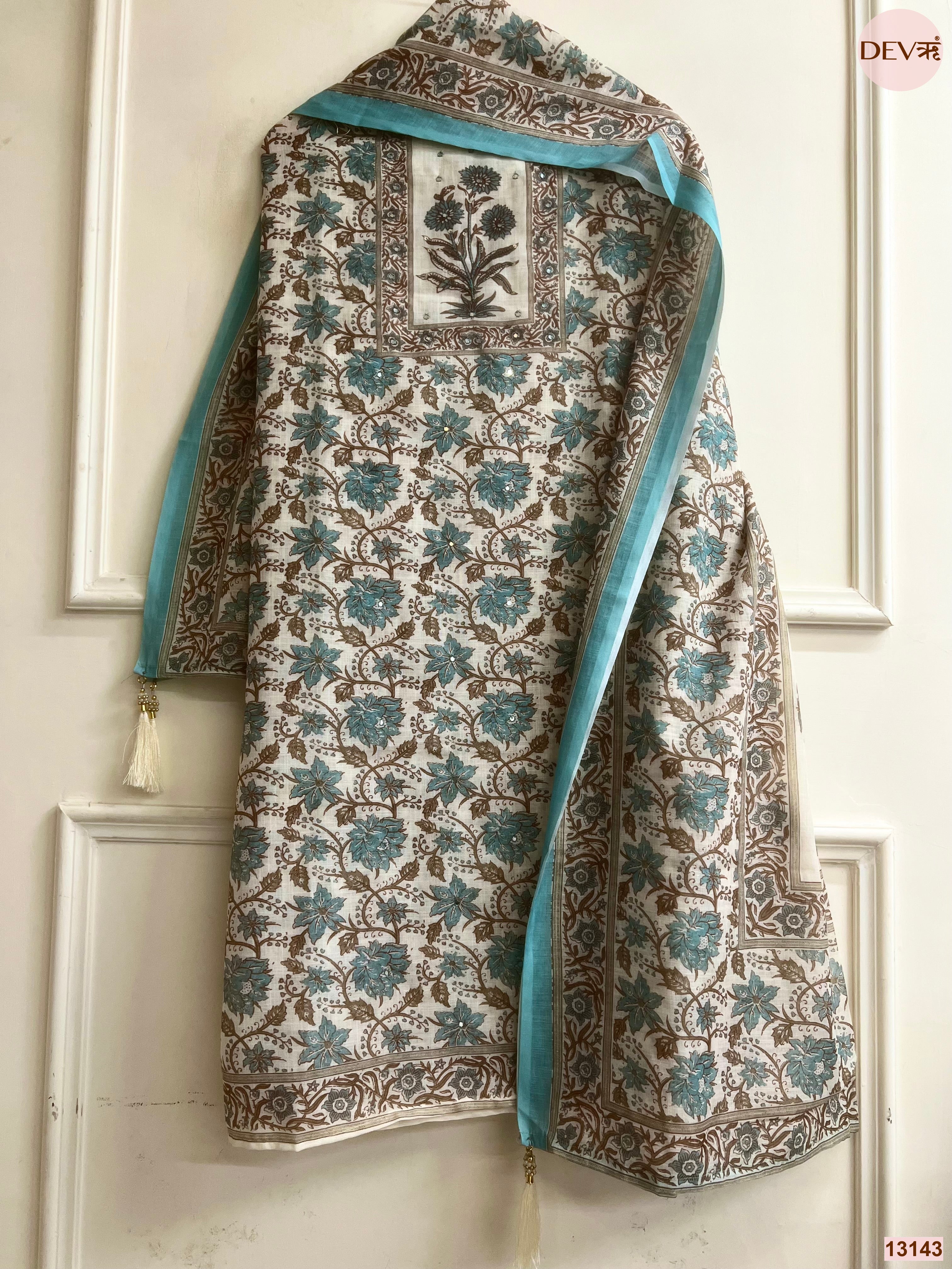 Teal Linen Printed Unstitched 3-Piece Suit (Devri – D.No 13143)