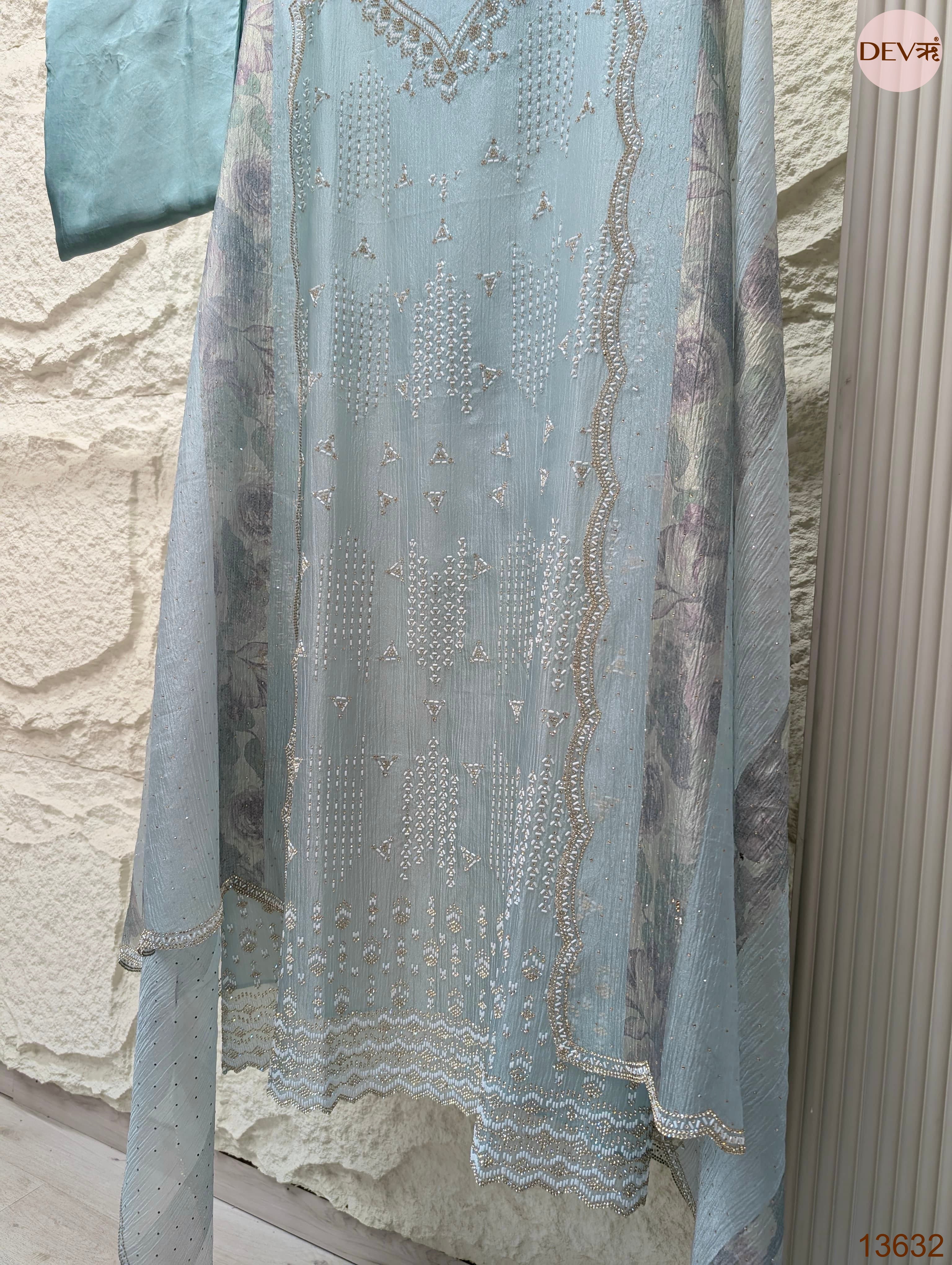 Blue Tissue Crush Silk Embroidered Unstitched 3-Piece Suit (Devri – D.No 13632)