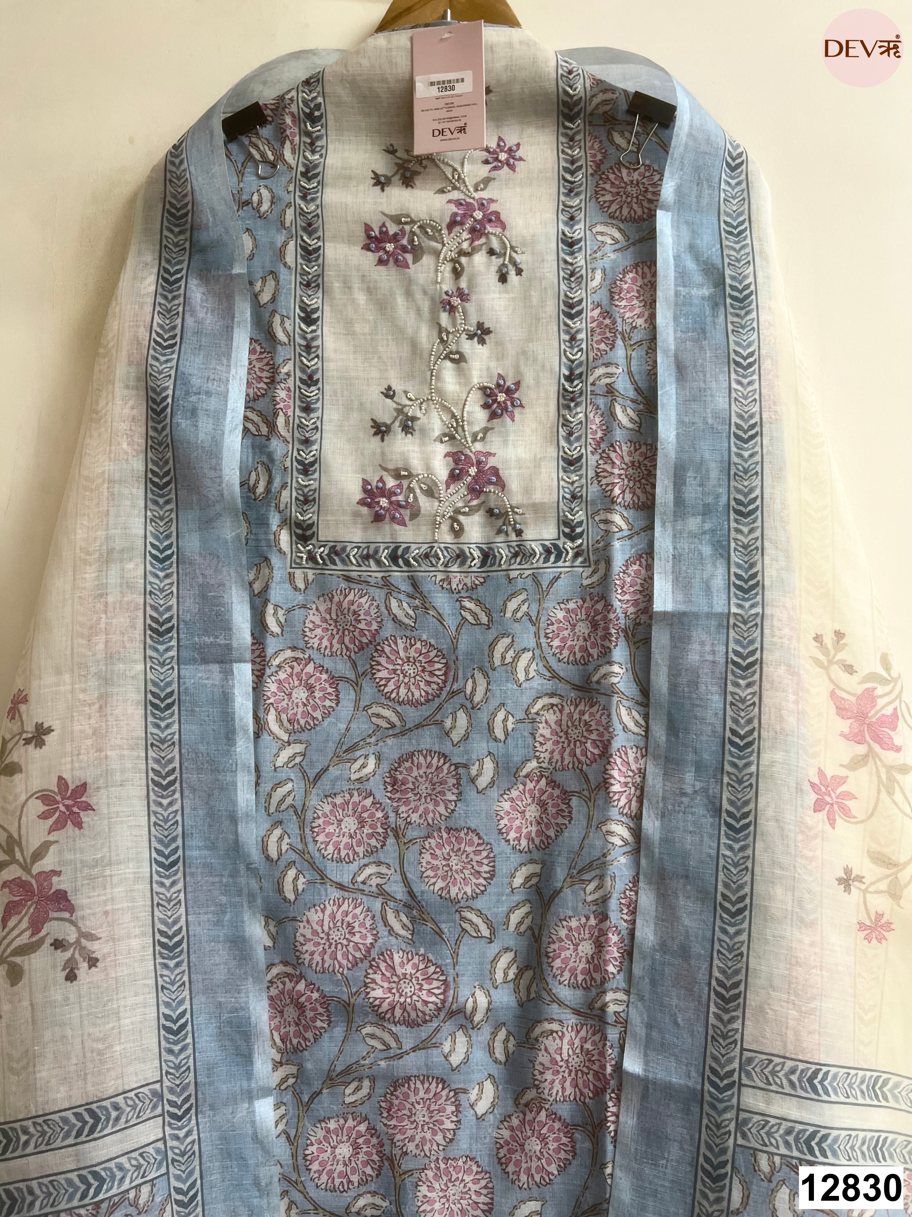 Blue Linen Cotton Printed Unstitched 3-Piece Suit (Devri – D.No 12830)