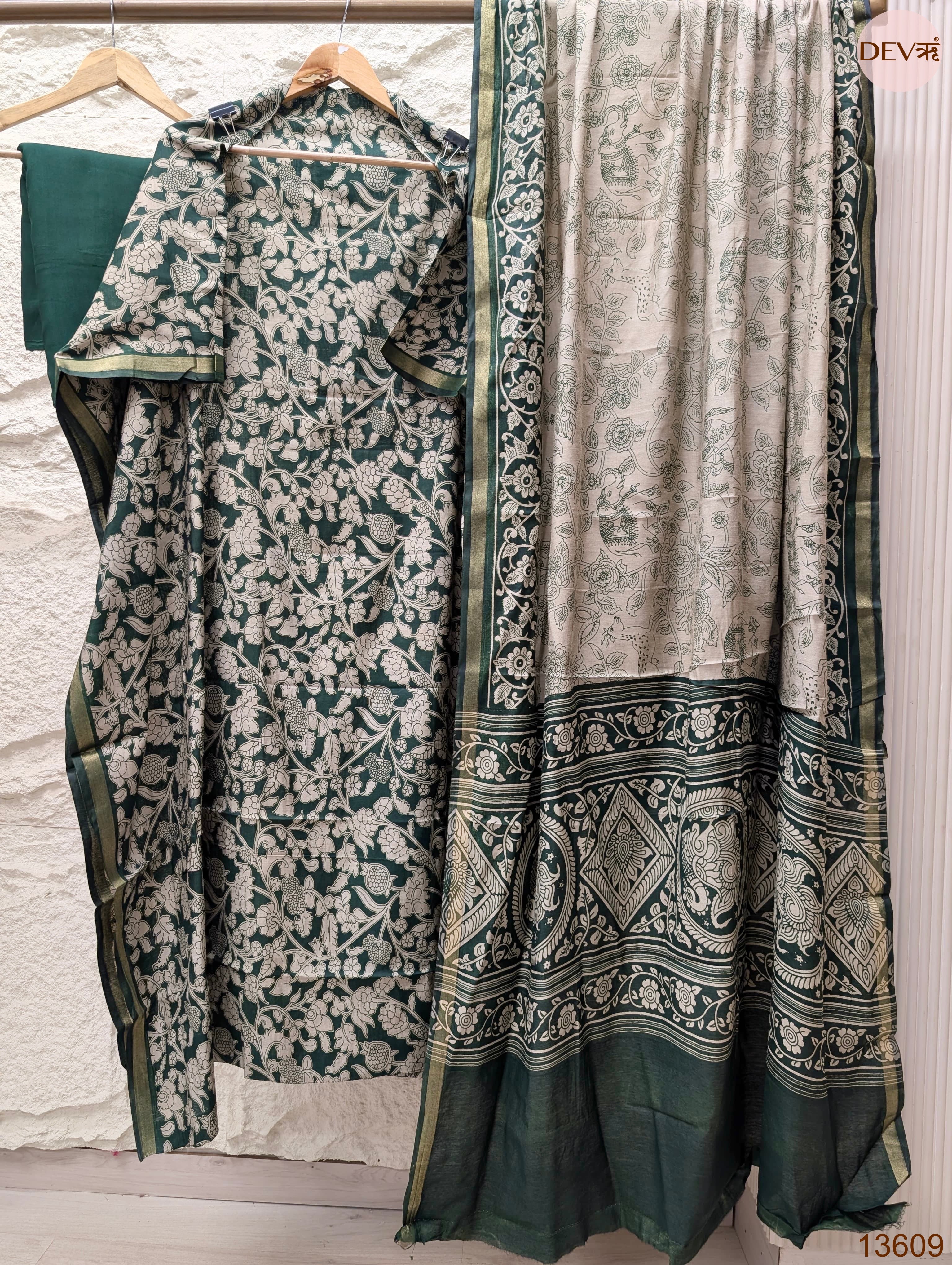 Green Maheshwari Silk Printed Unstitched 3-Piece Suit (Devri – D.No 13609)