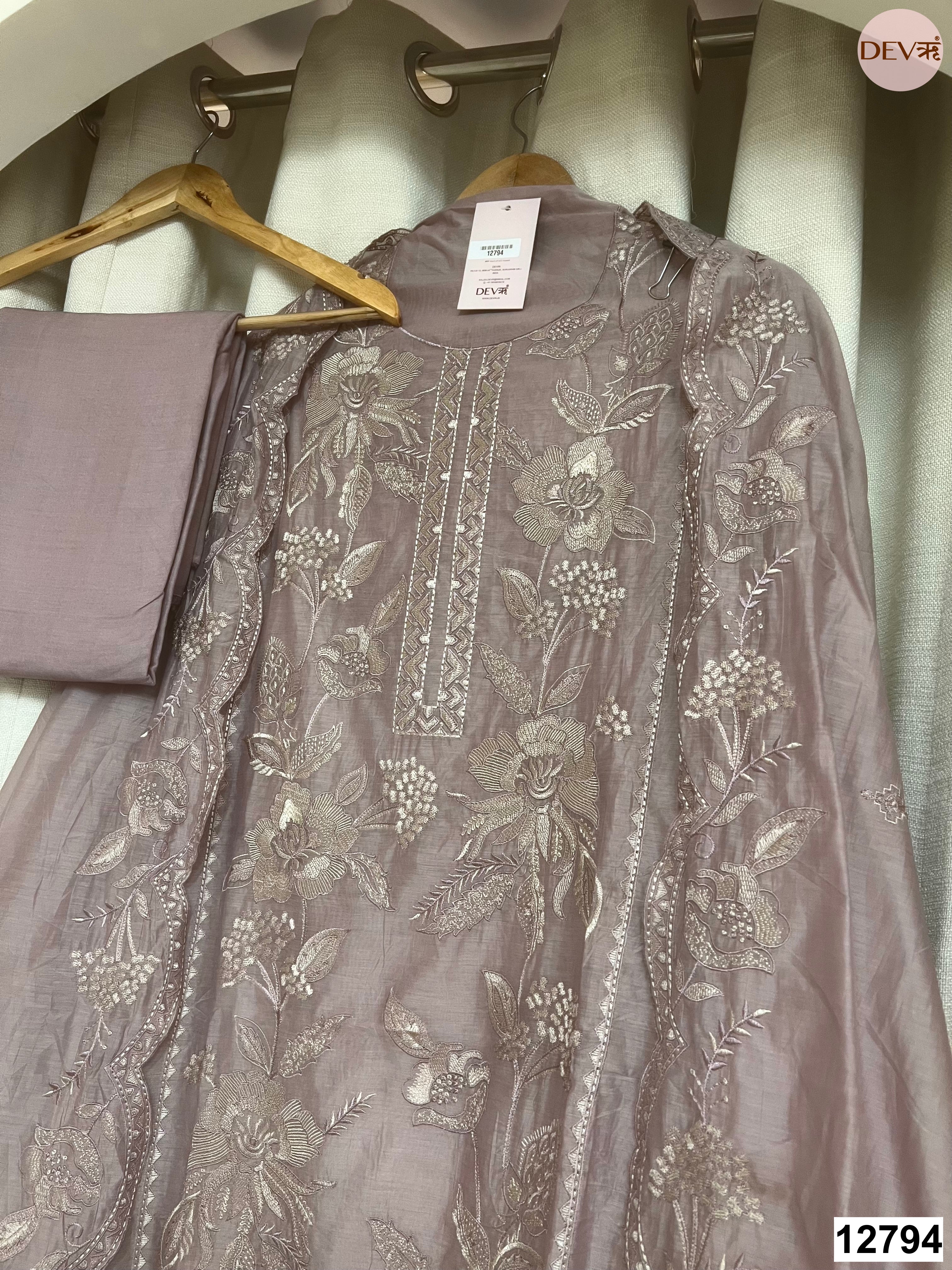 Mauve Mul Chanderi Embroidered Unstitched 3-Piece Suit (Devri – D.No 12794)