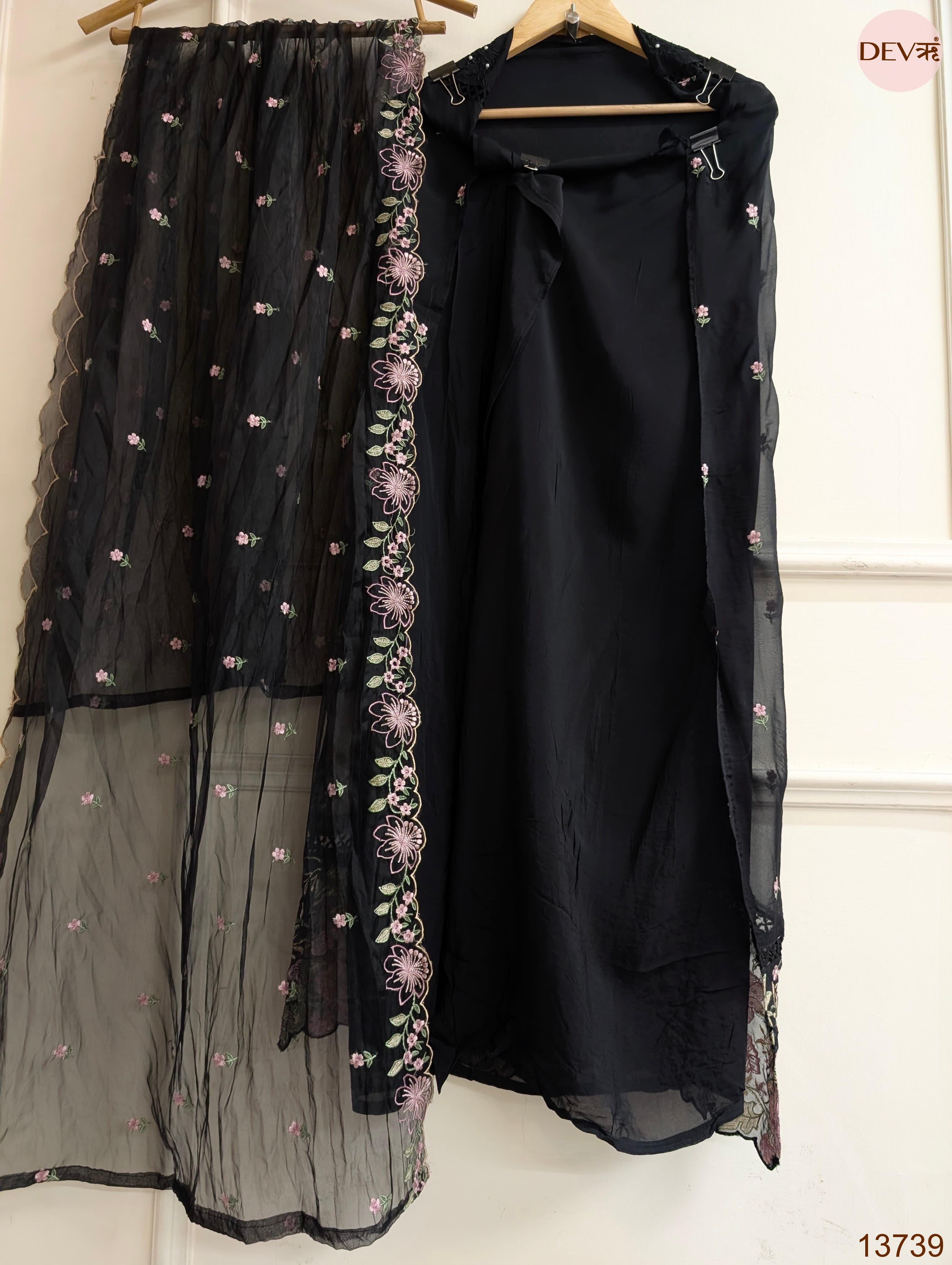 Black Organza Embroidered Unstitched 3-Piece Suit (Devri – D.No 13739)