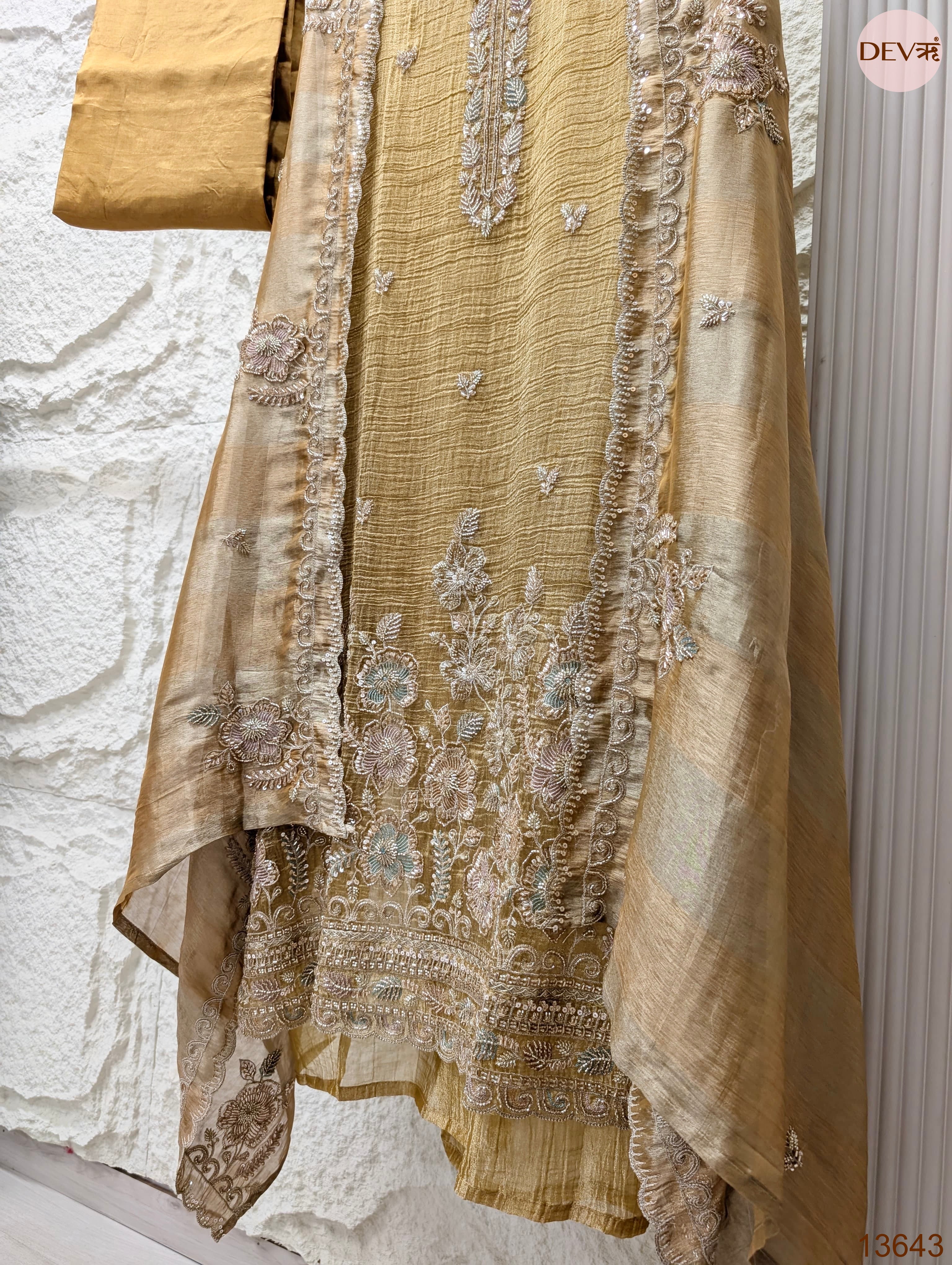 Mustard Tissue Crush Silk Embroidered Unstitched 3-Piece Suit (Devri – D.No 13643)