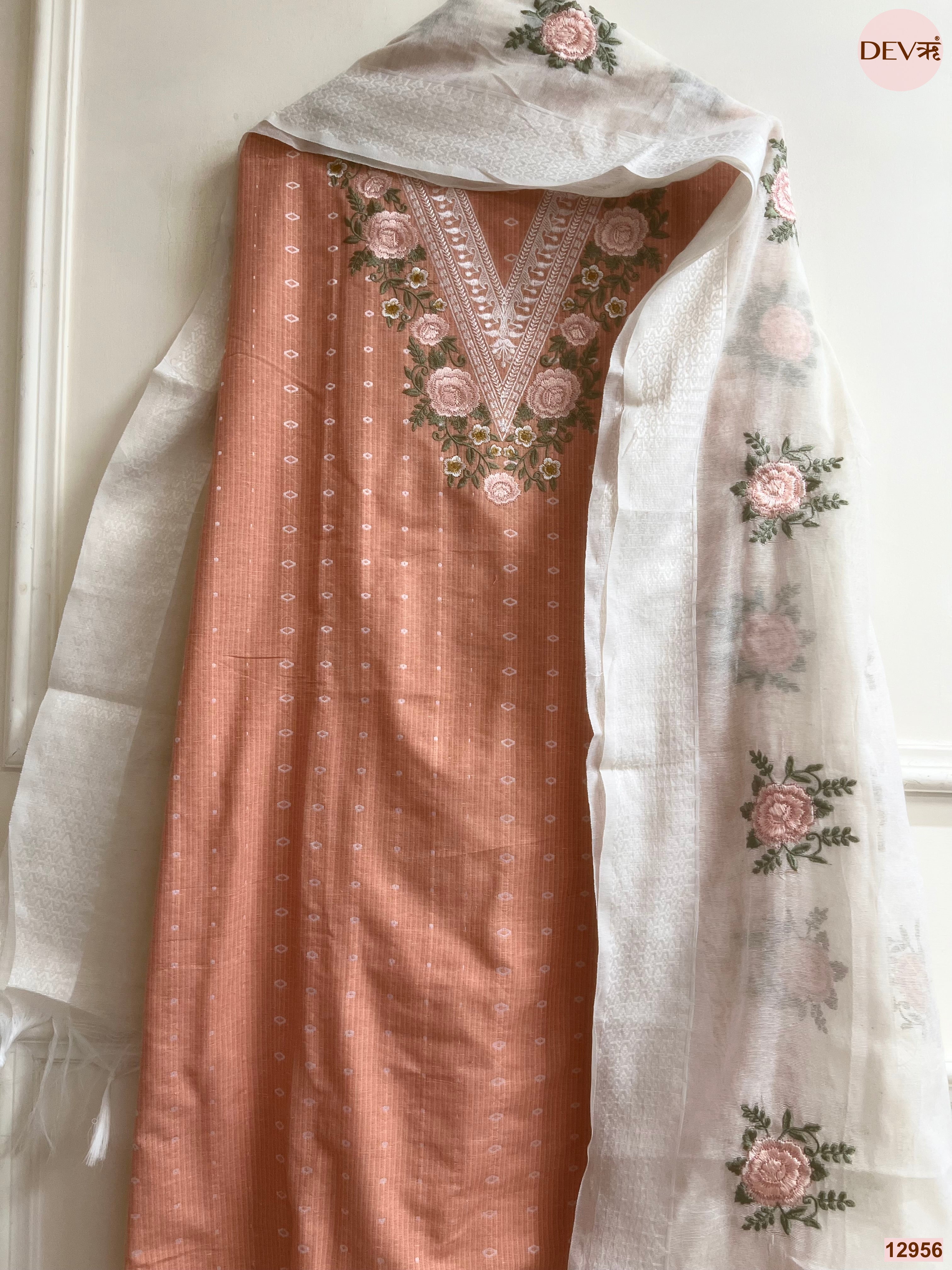 Peach Cotton Handloom Embroidered Unstitched 3-Piece Suit (Devri – D.No 12956)