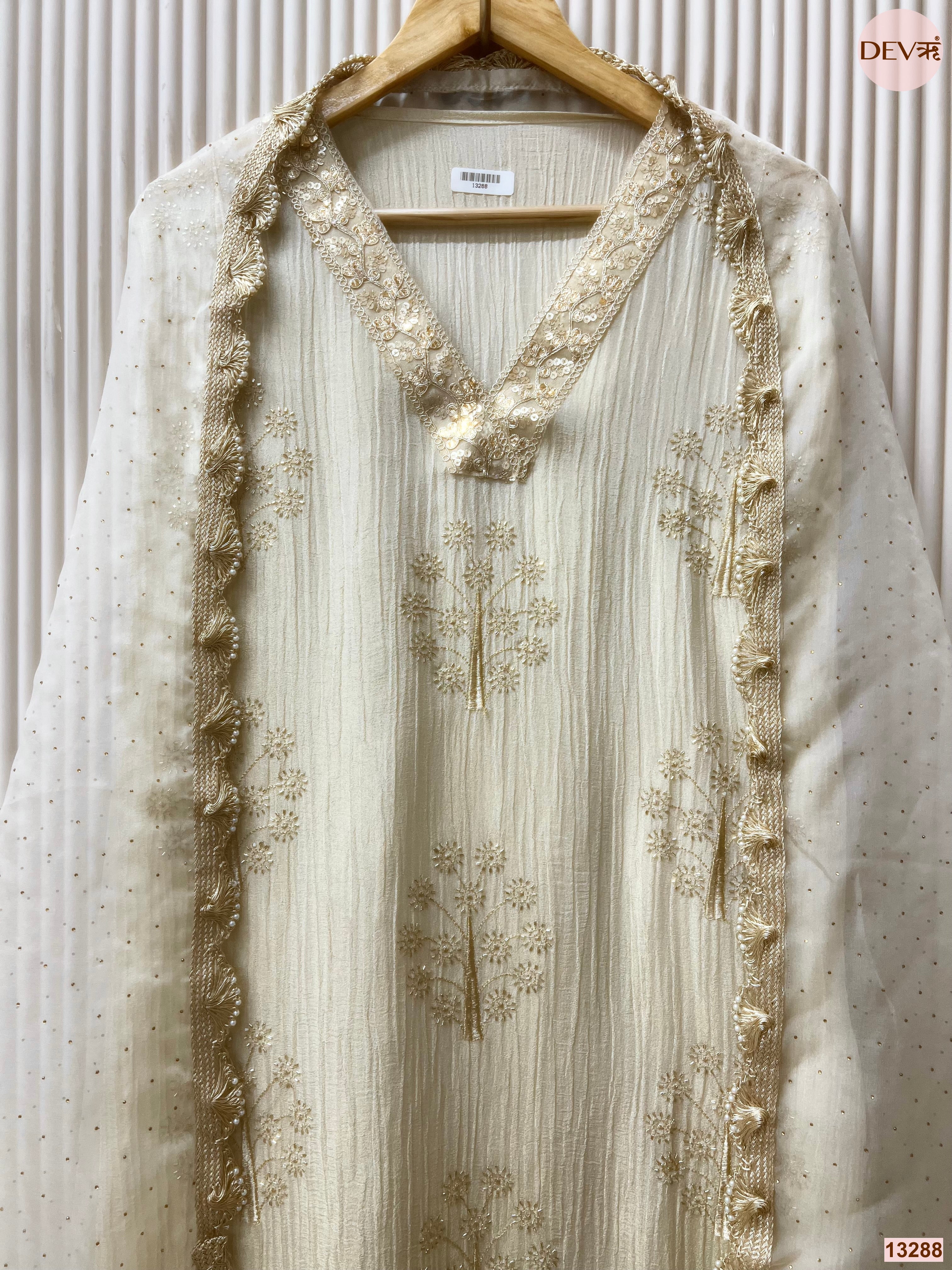 Cream Chinon Crush Embroidered Unstitched 3-Piece Suit (Devri – D.No 13288)