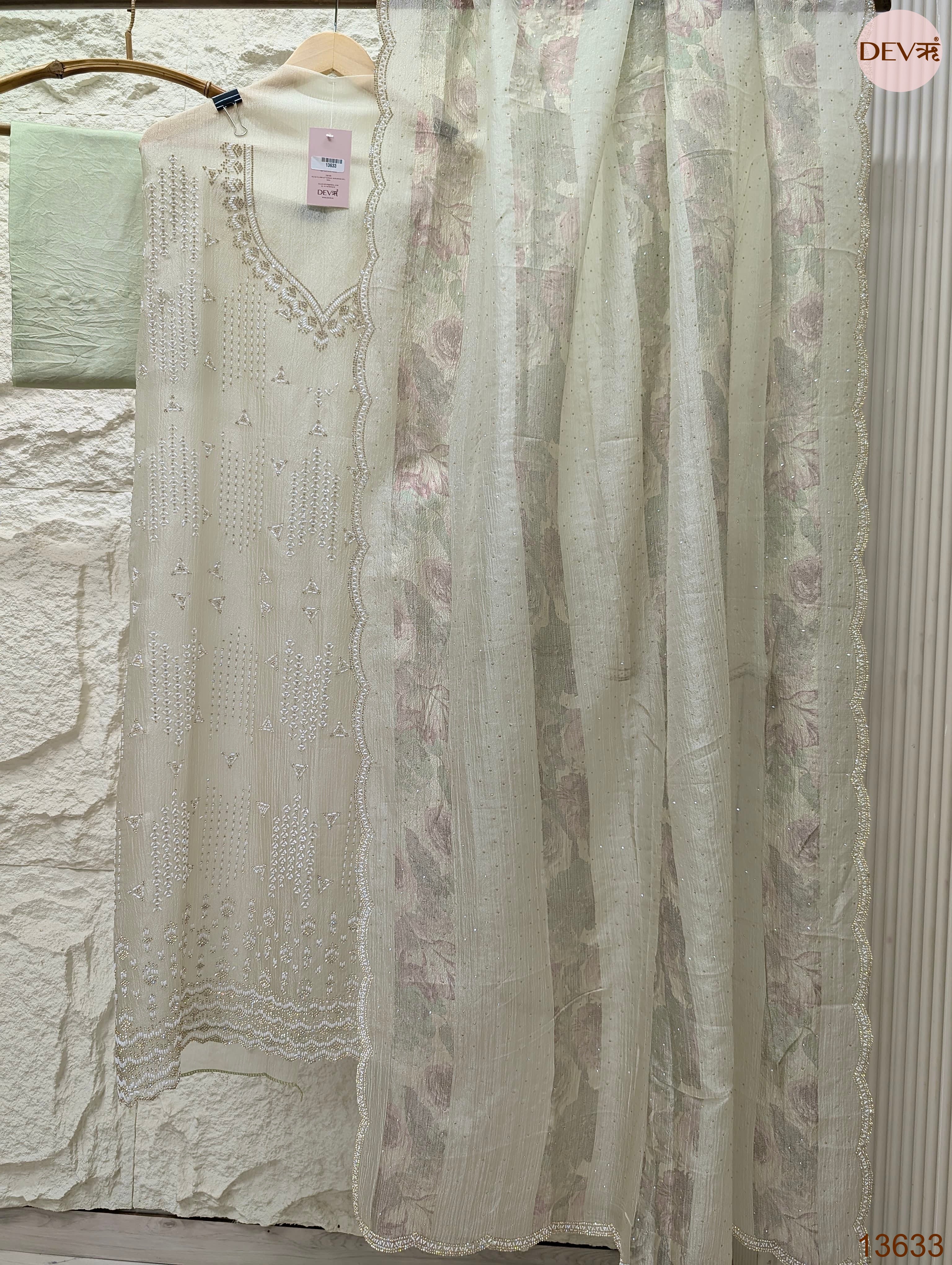 Sage Pure Crush Silk Embroidered Unstitched 3-Piece Suit (Devri – D.No 13633)