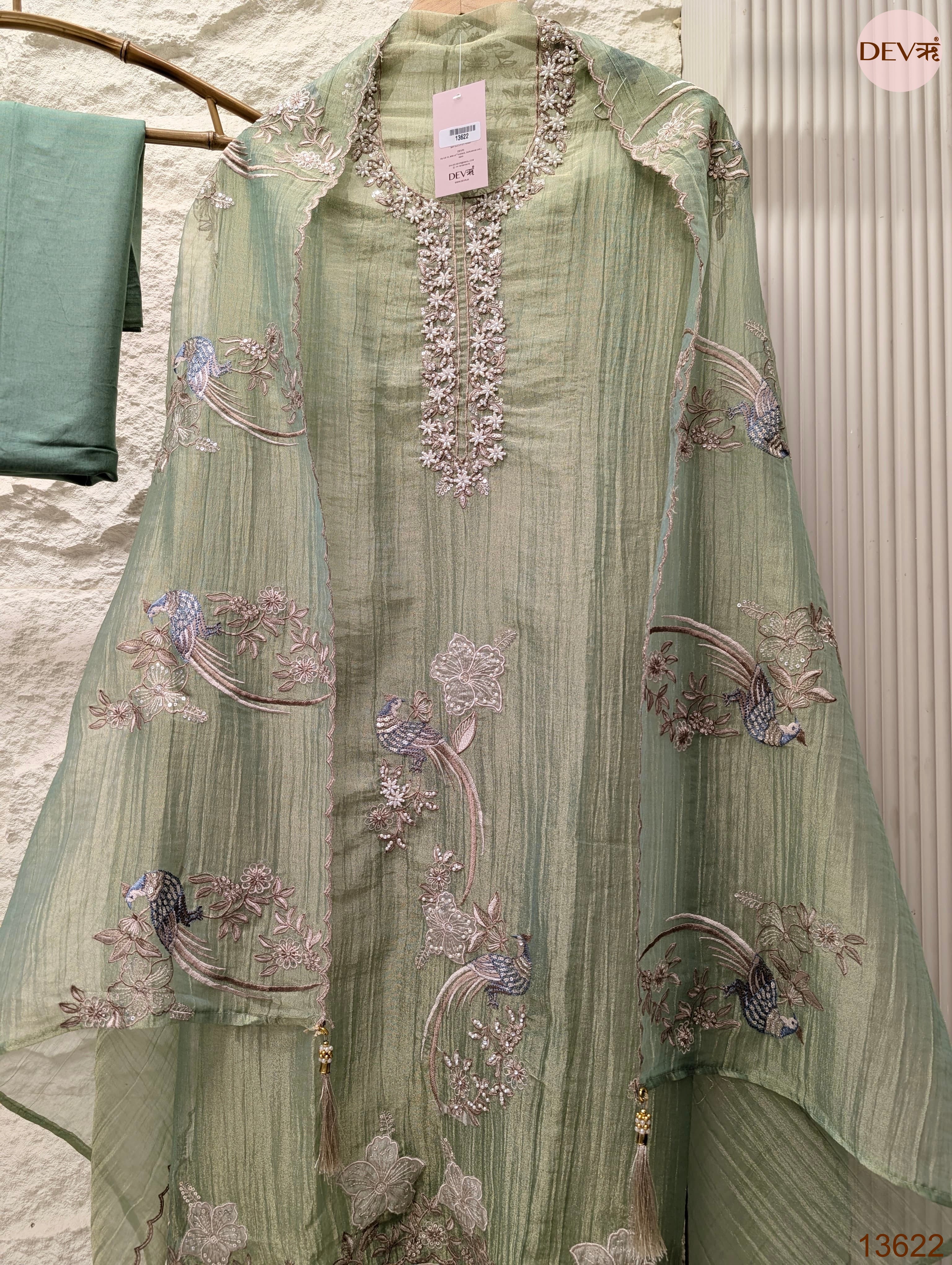 Green Tissue Crush Silk Embroidered Unstitched 3-Piece Suit (Devri – D.No 13622)