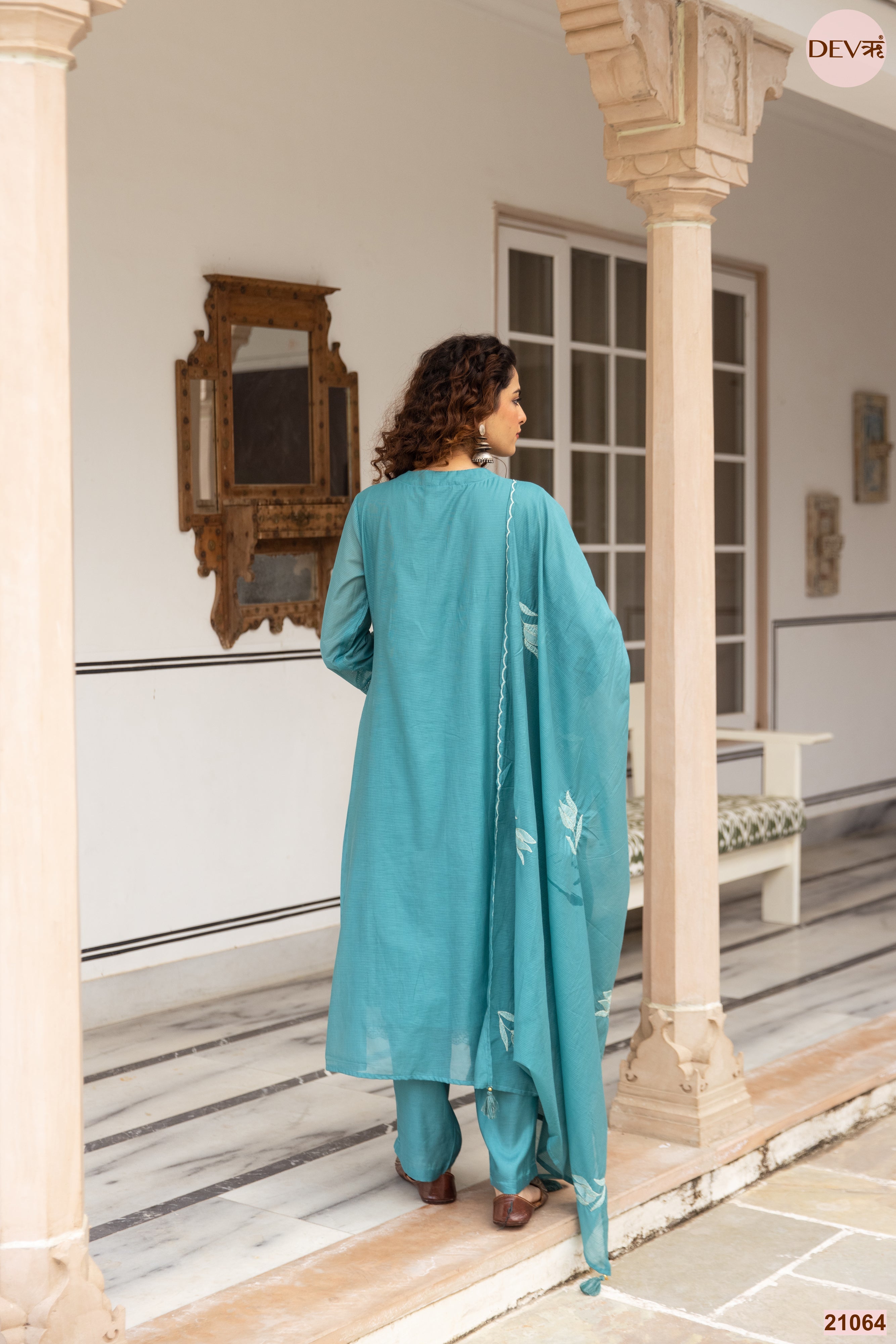 Neelambara Mul cotton Embroidered Teal 3-Piece Set (Devri – D.No 21064)