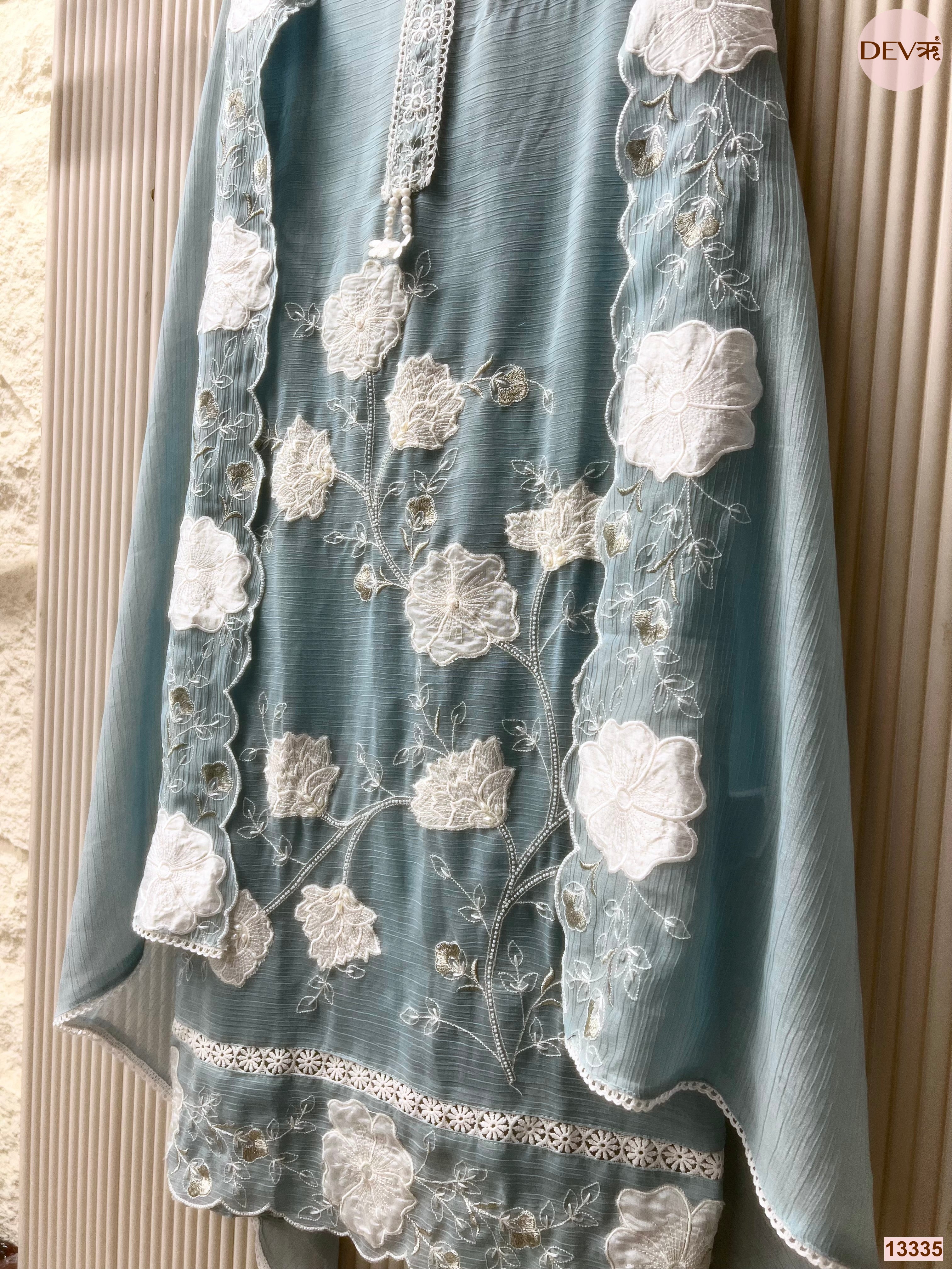Blue Mul Chanderi Crush Embroidered Unstitched 3-Piece Suit (Devri – D.No 13335)