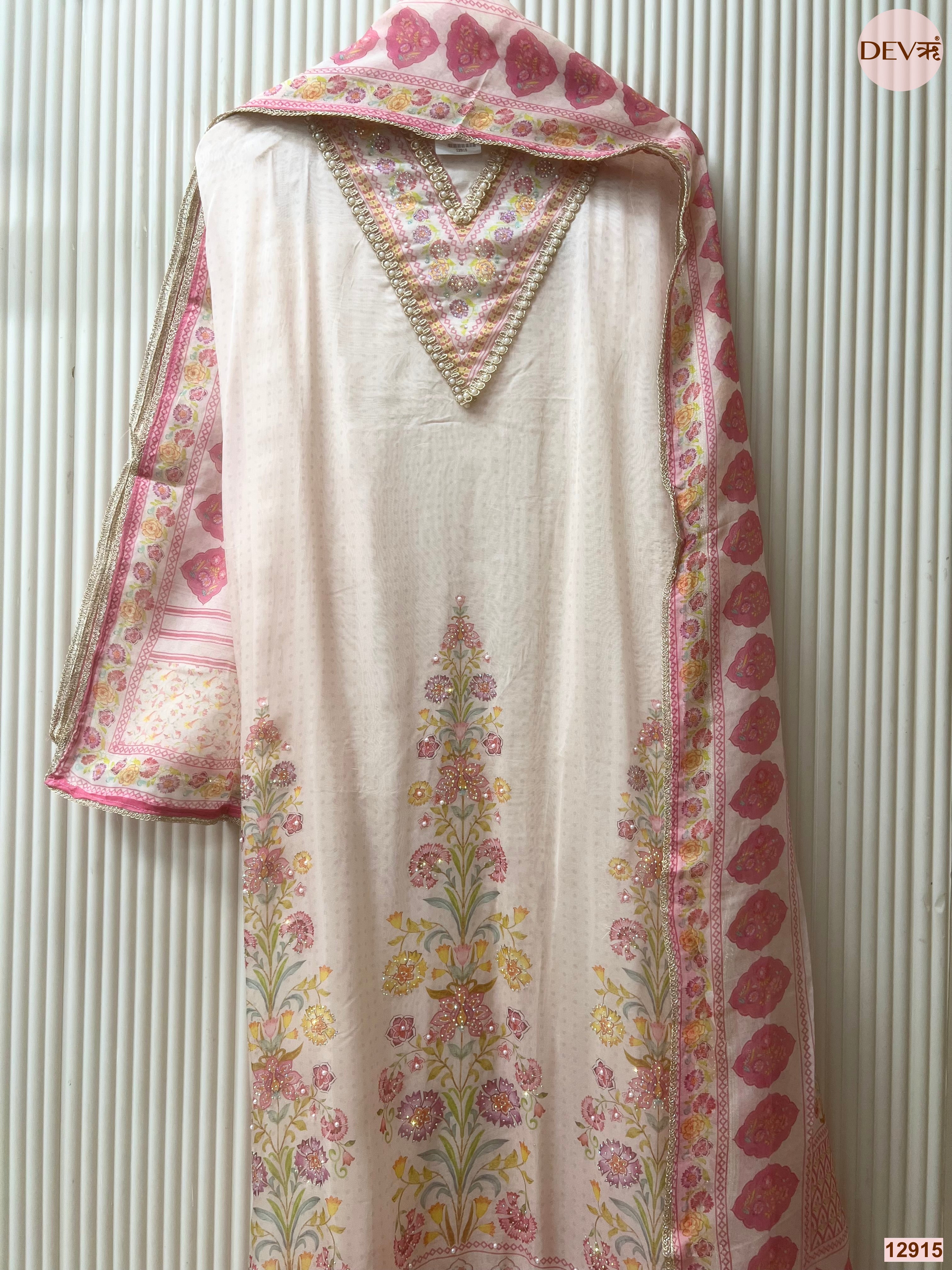 Pink Organza Printed Unstitched 3-Piece Suit (Devri – D.No 12915)