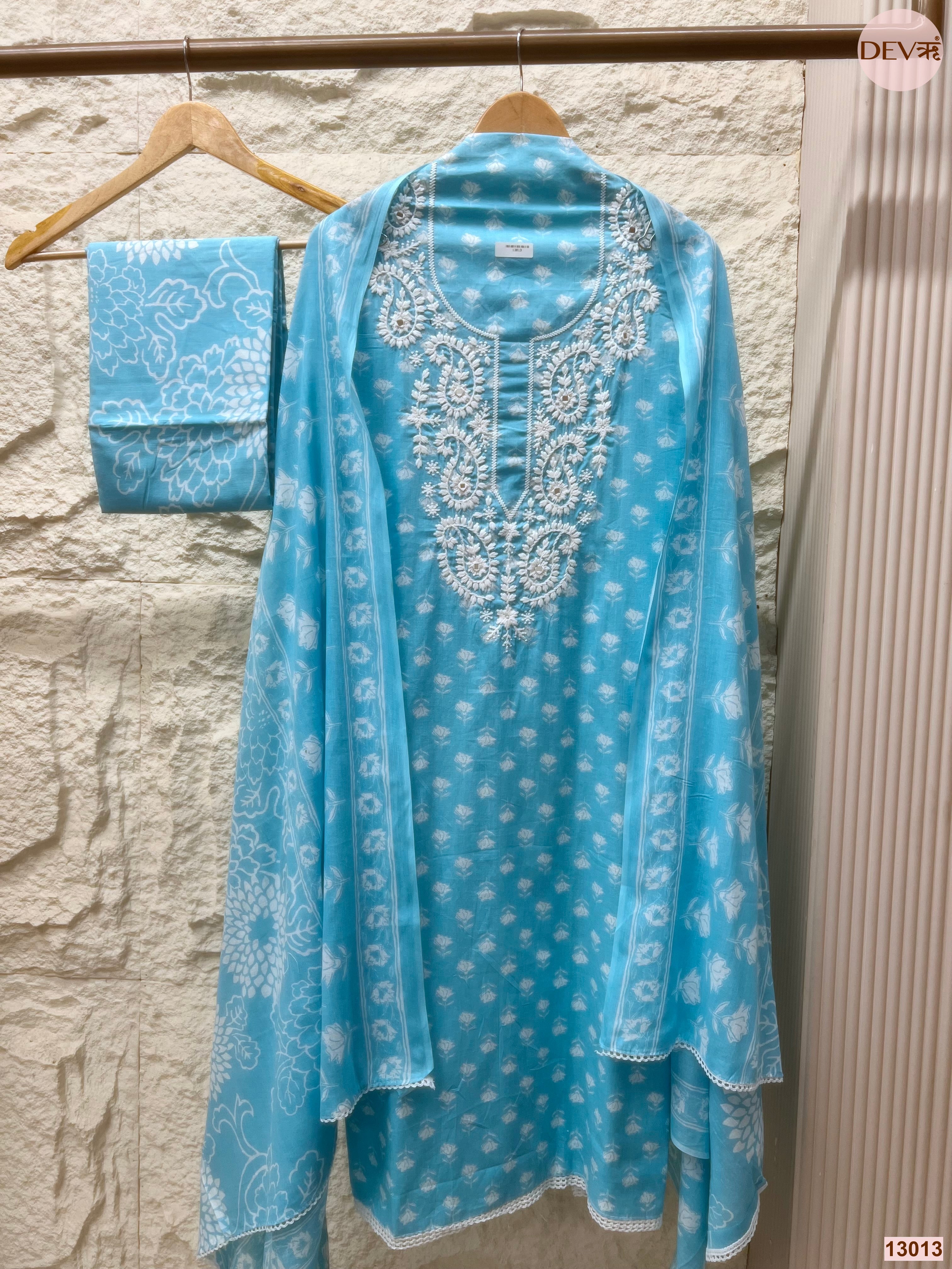 Blue Cotton Embroidered Unstitched 3-Piece Suit (Devri – D.No 13013)