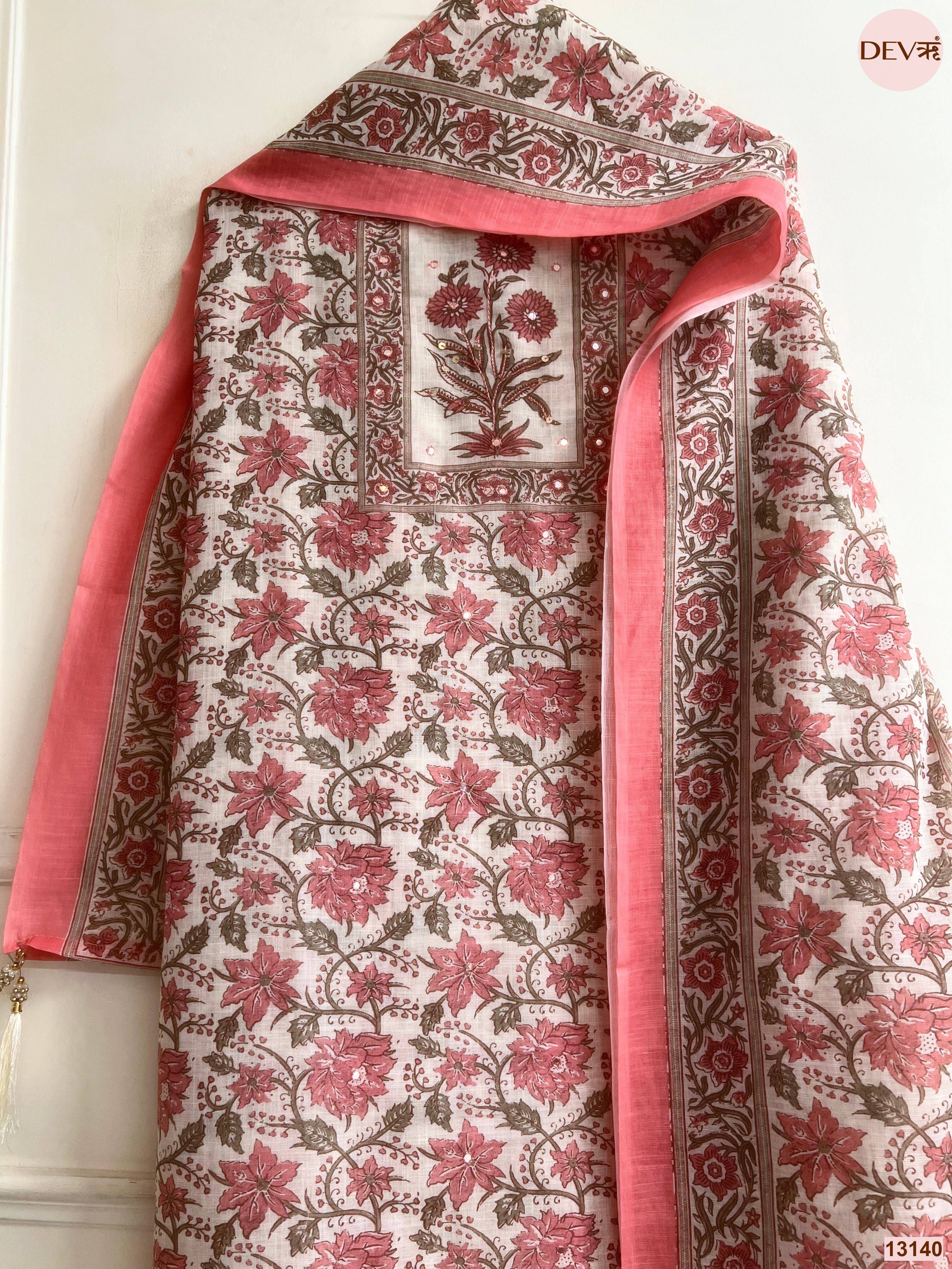 Off White Linen Printed Unstitched 3-Piece Suit (Devri – D.No 13140)