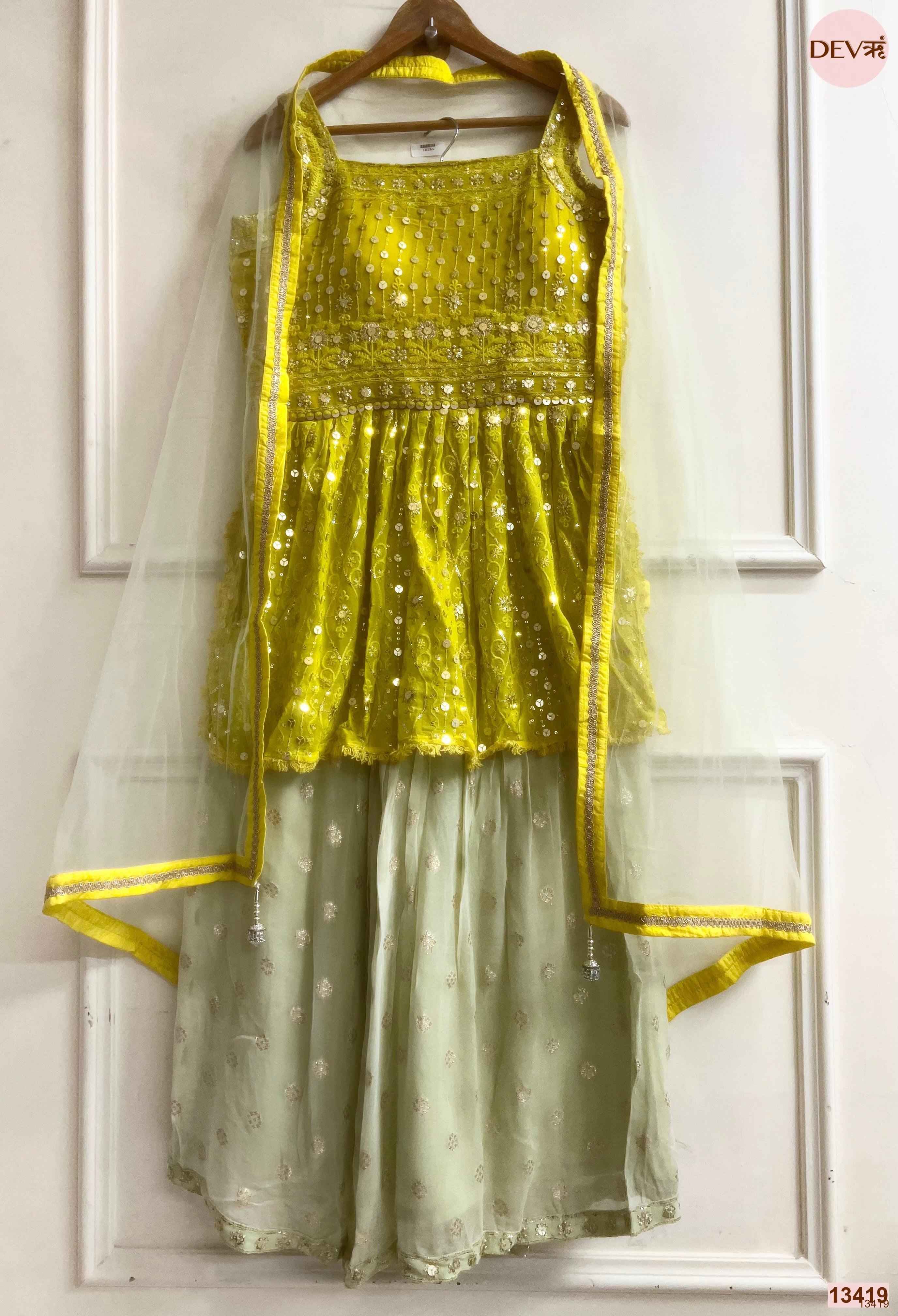 Gulnaar Georgete Embroidered Lime Green 3-Piece Set (Devri – D.No 13419)