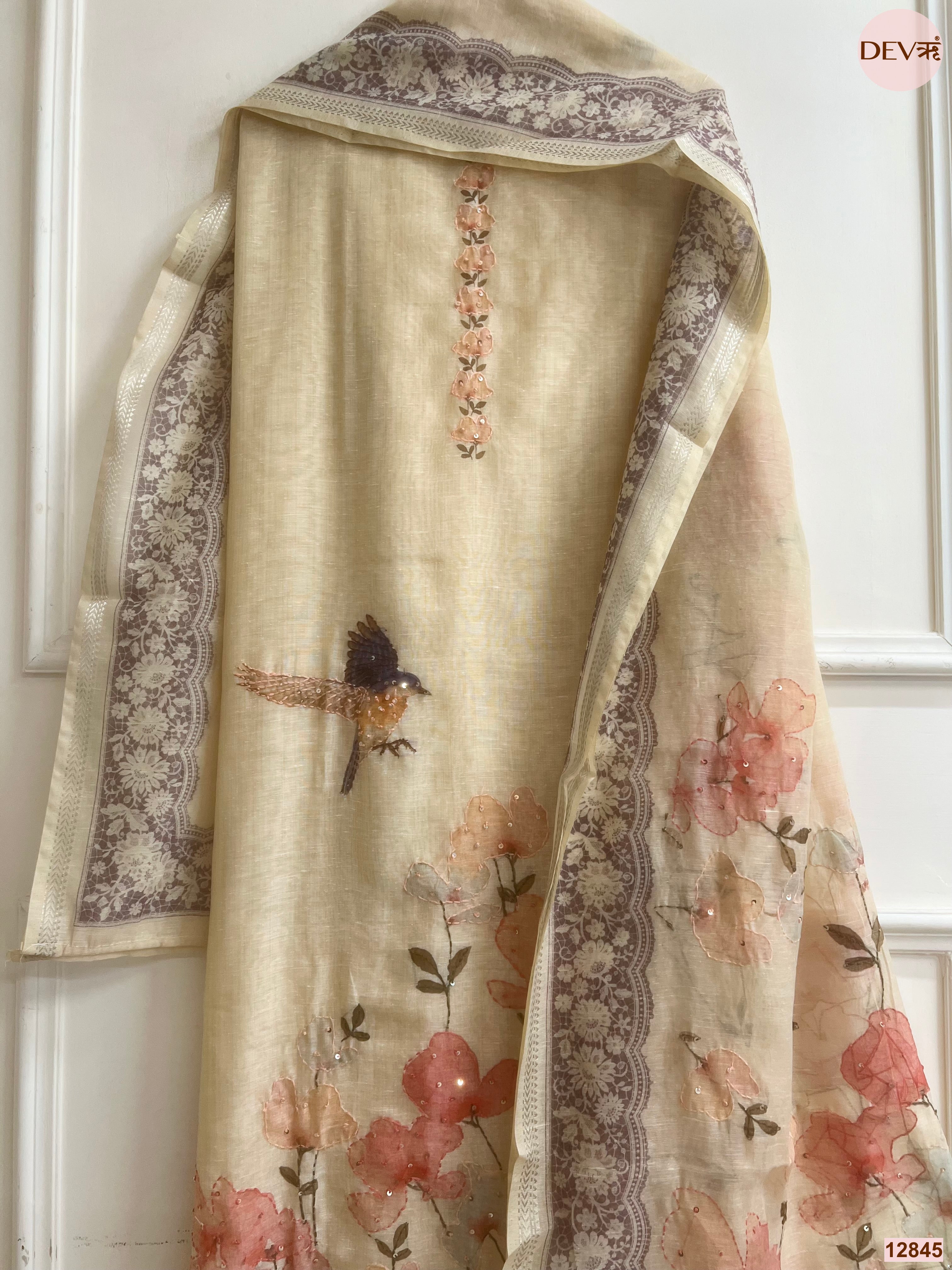 Cream Mul Chanderi Printed Unstitched 3-Piece Suit (Devri – D.No 12845)