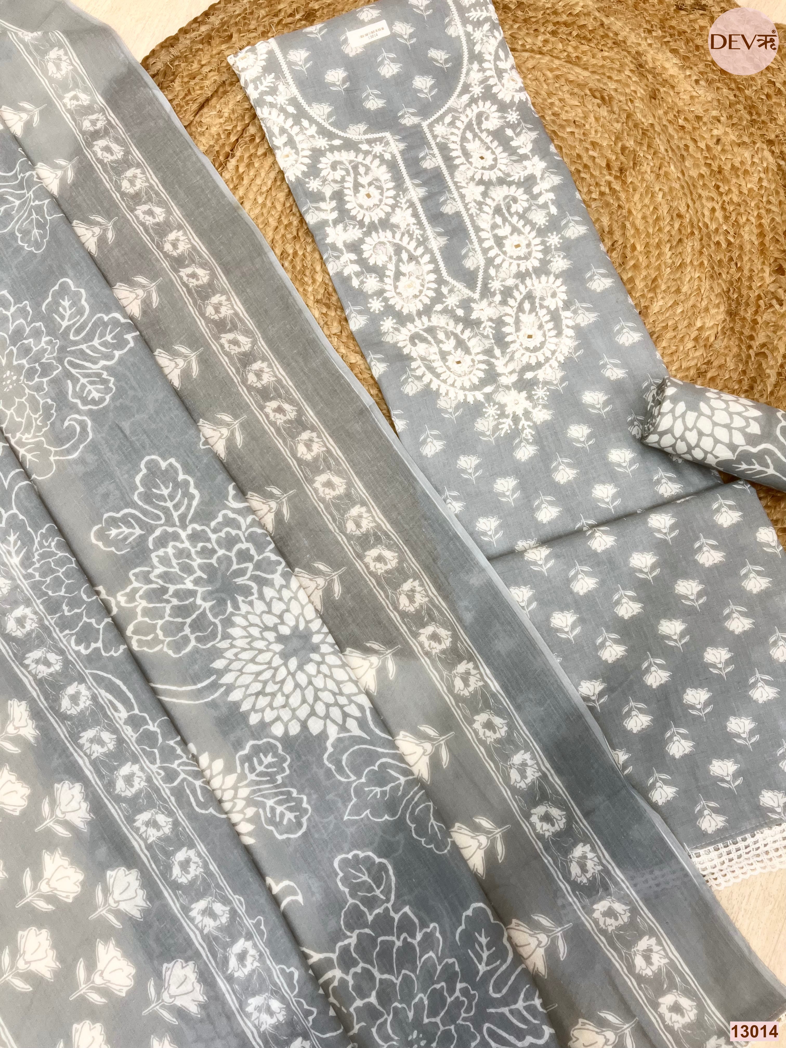 Grey Cotton Embroidered Unstitched 3-Piece Suit (Devri – D.No 13014)