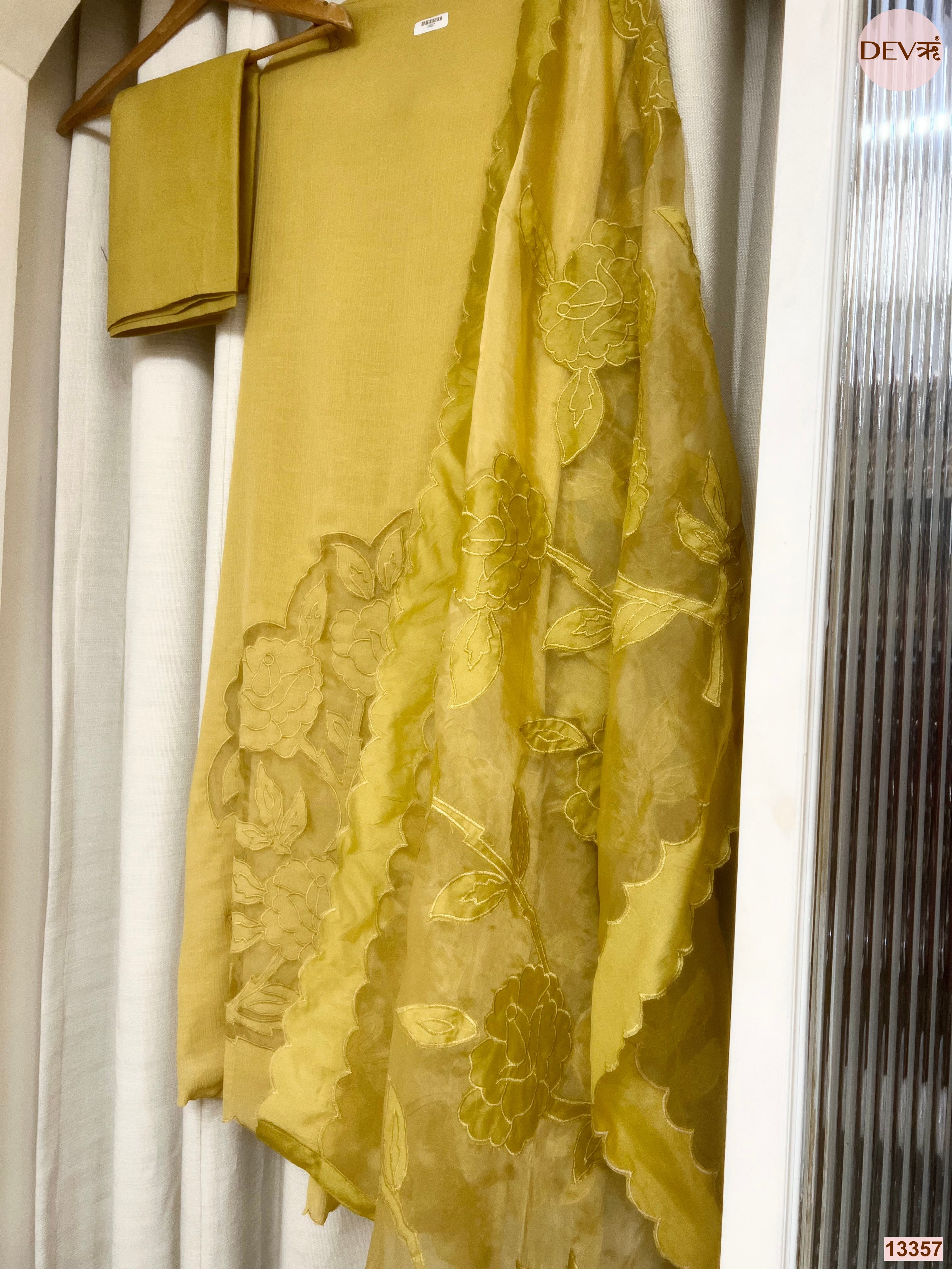 Yellow Mul Chanderi Embroidered Unstitched 3-Piece Suit (Devri – D.No 13357)