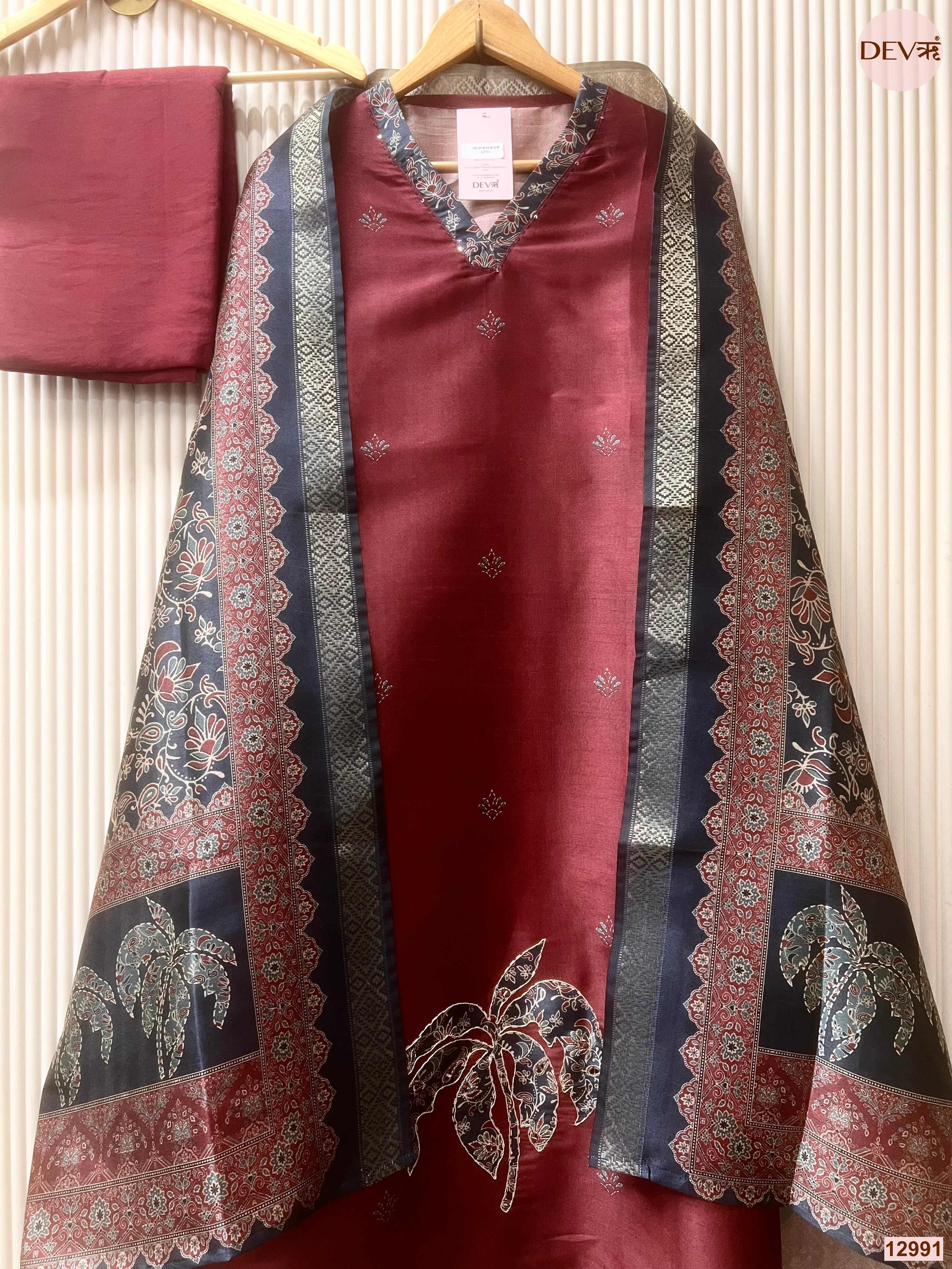 Maroon Raw Silk Printed Unstitched 3-Piece Suit (Devri – D.No 12991)