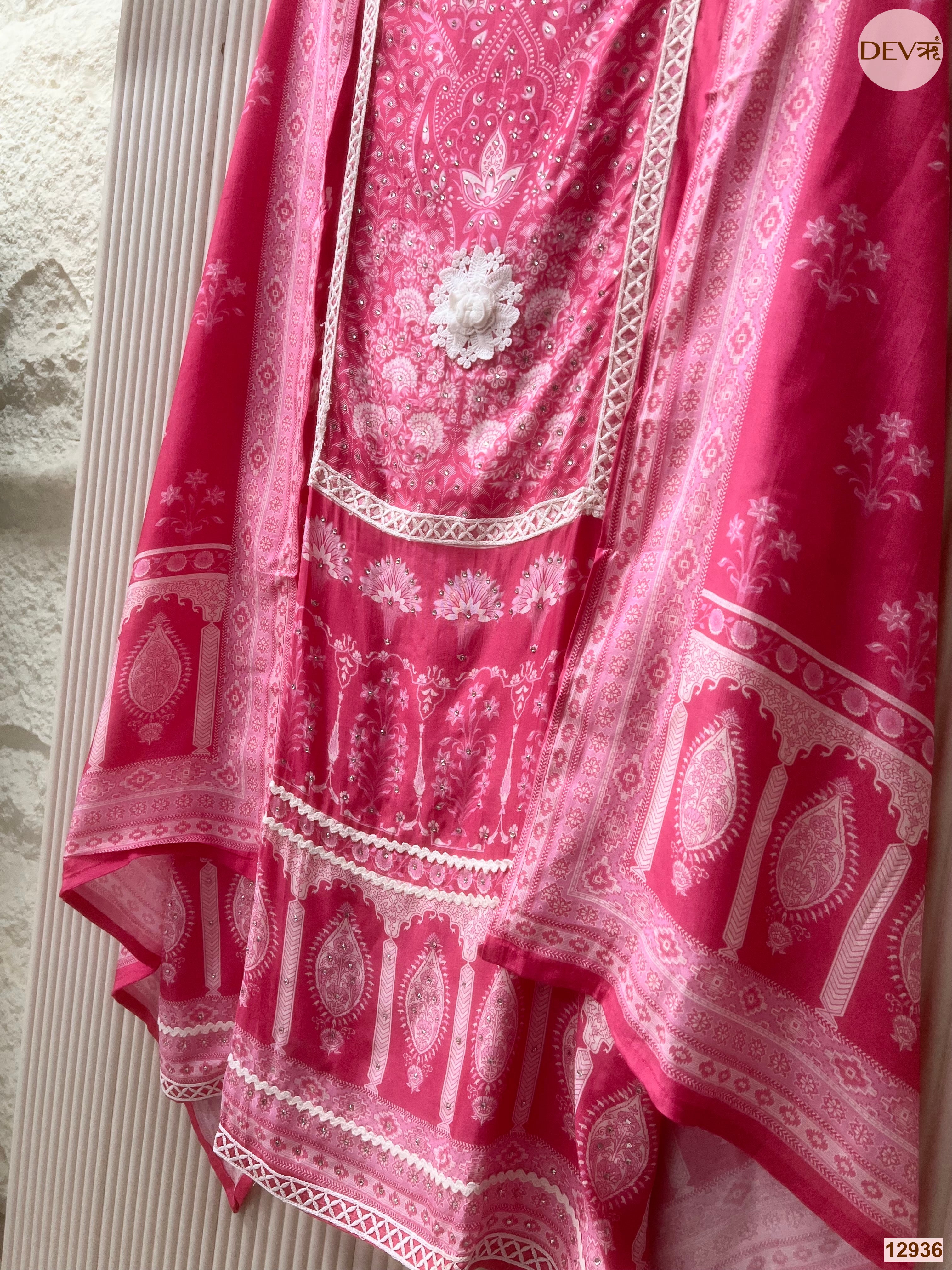 Pink Muslin Printed Unstitched 3-Piece Suit (Devri – D.No 12936)