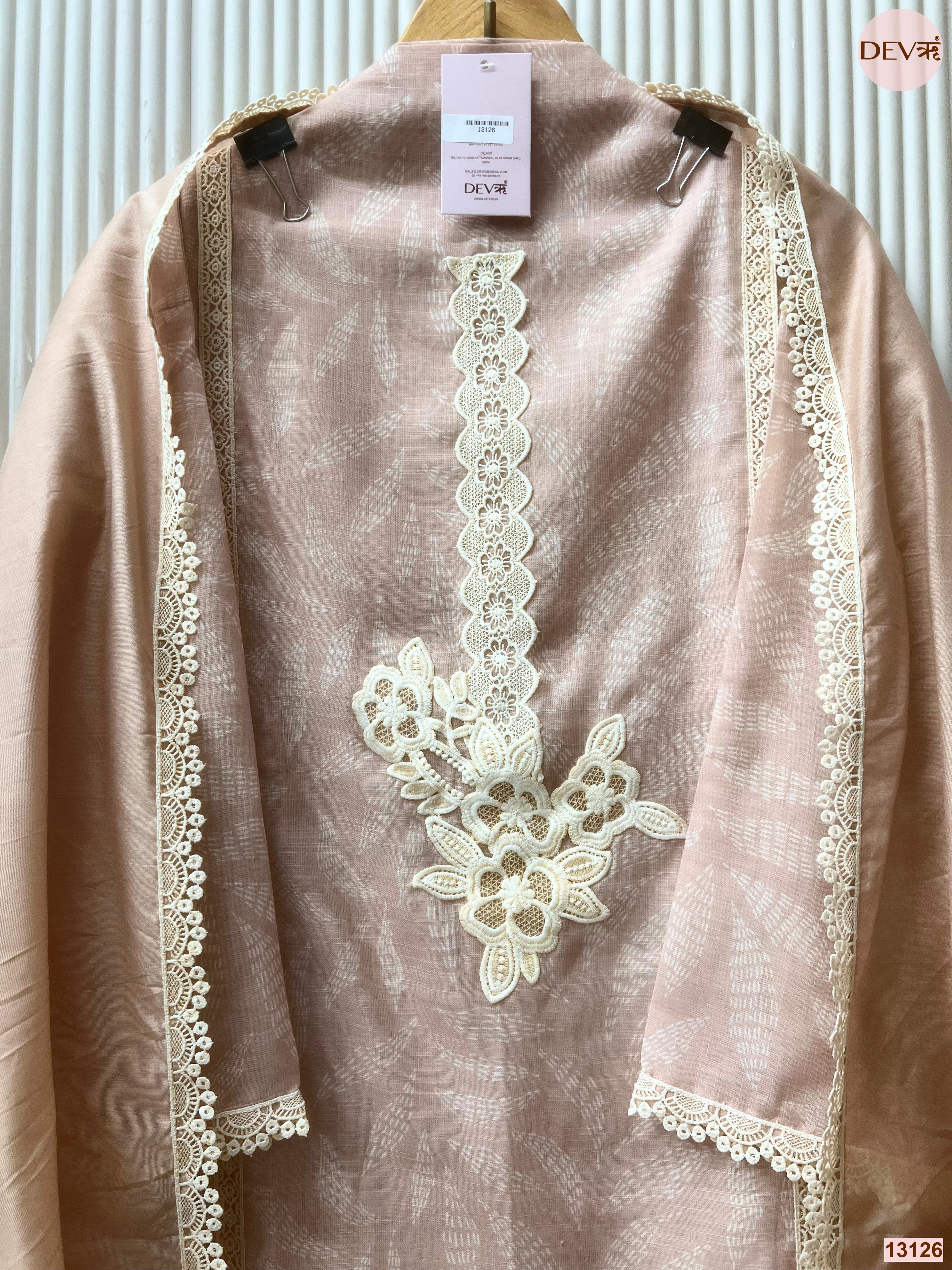 Peach Linen Cotton Embroidered Unstitched 3-Piece Suit (Devri – D.No 13126)