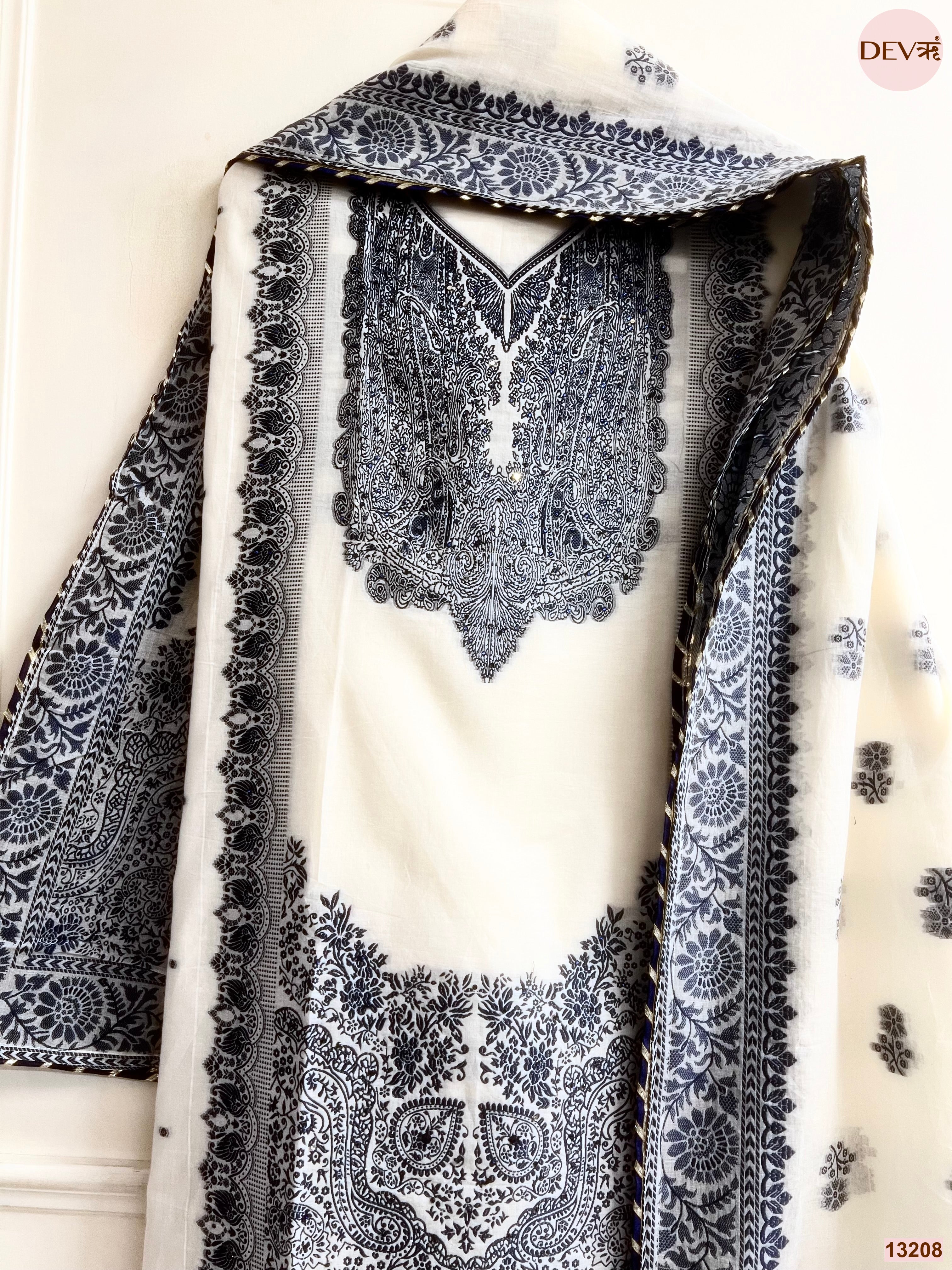 Off White Jamdani Cotton Printed Unstitched 3-Piece Suit (Devri – D.No 13208)