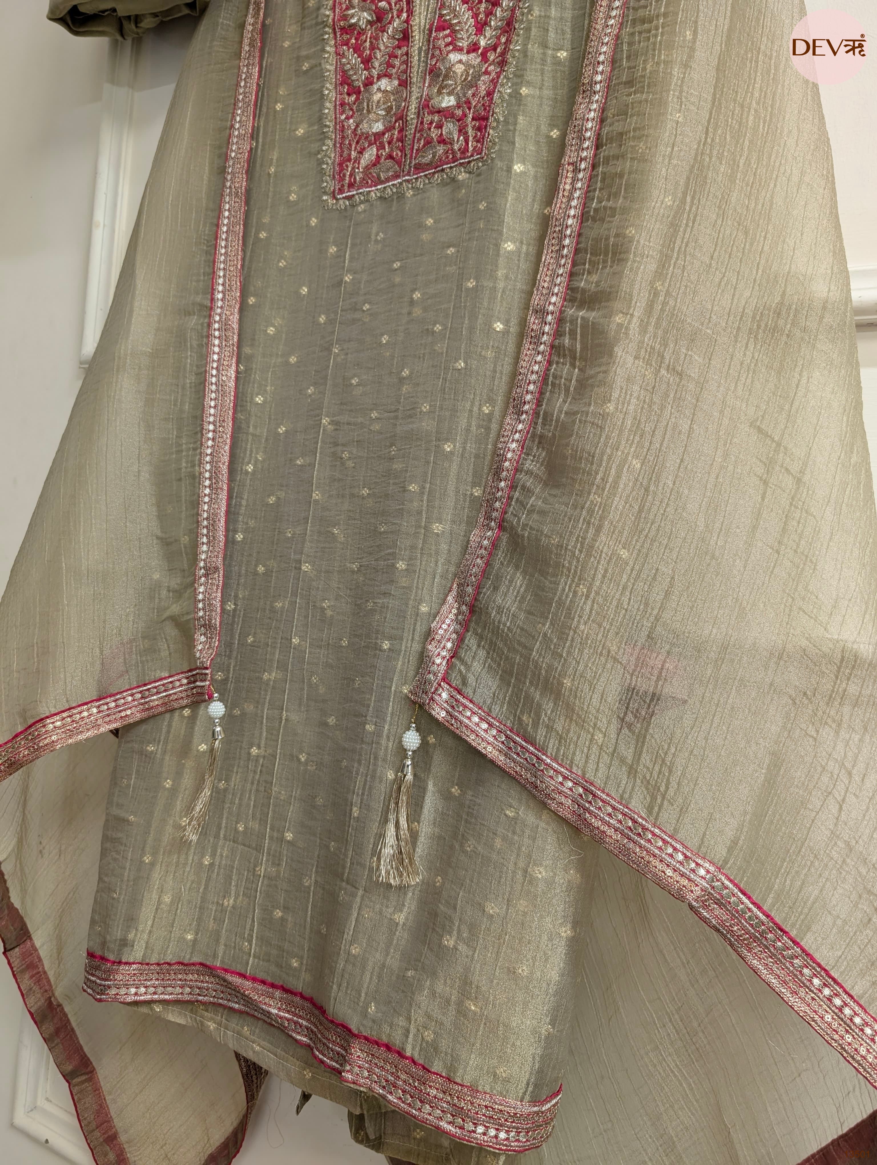 Olive Tissue Silk Embroidered Unstitched 3-Piece Suit (Devri – D.No 13501)