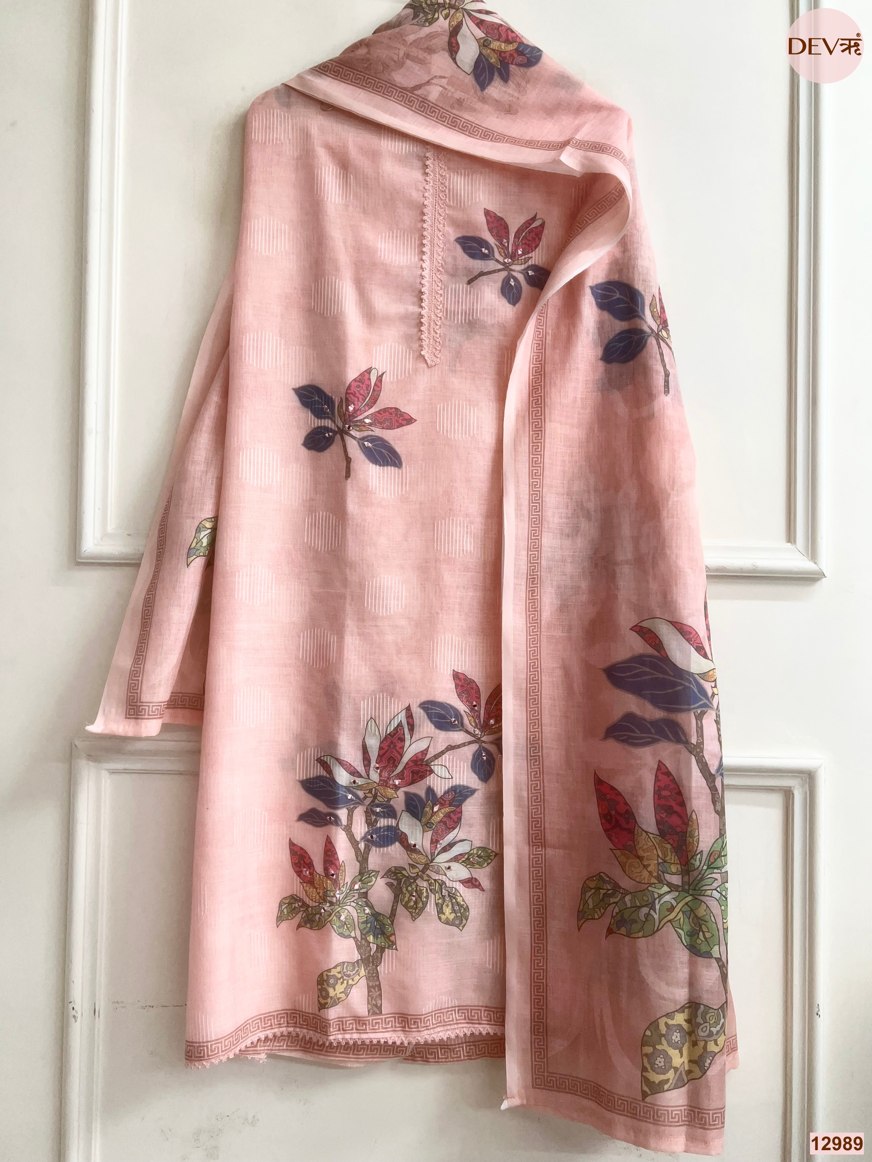 Peach Linen Printed Unstitched 3-Piece Suit (Devri – D.No 12989)