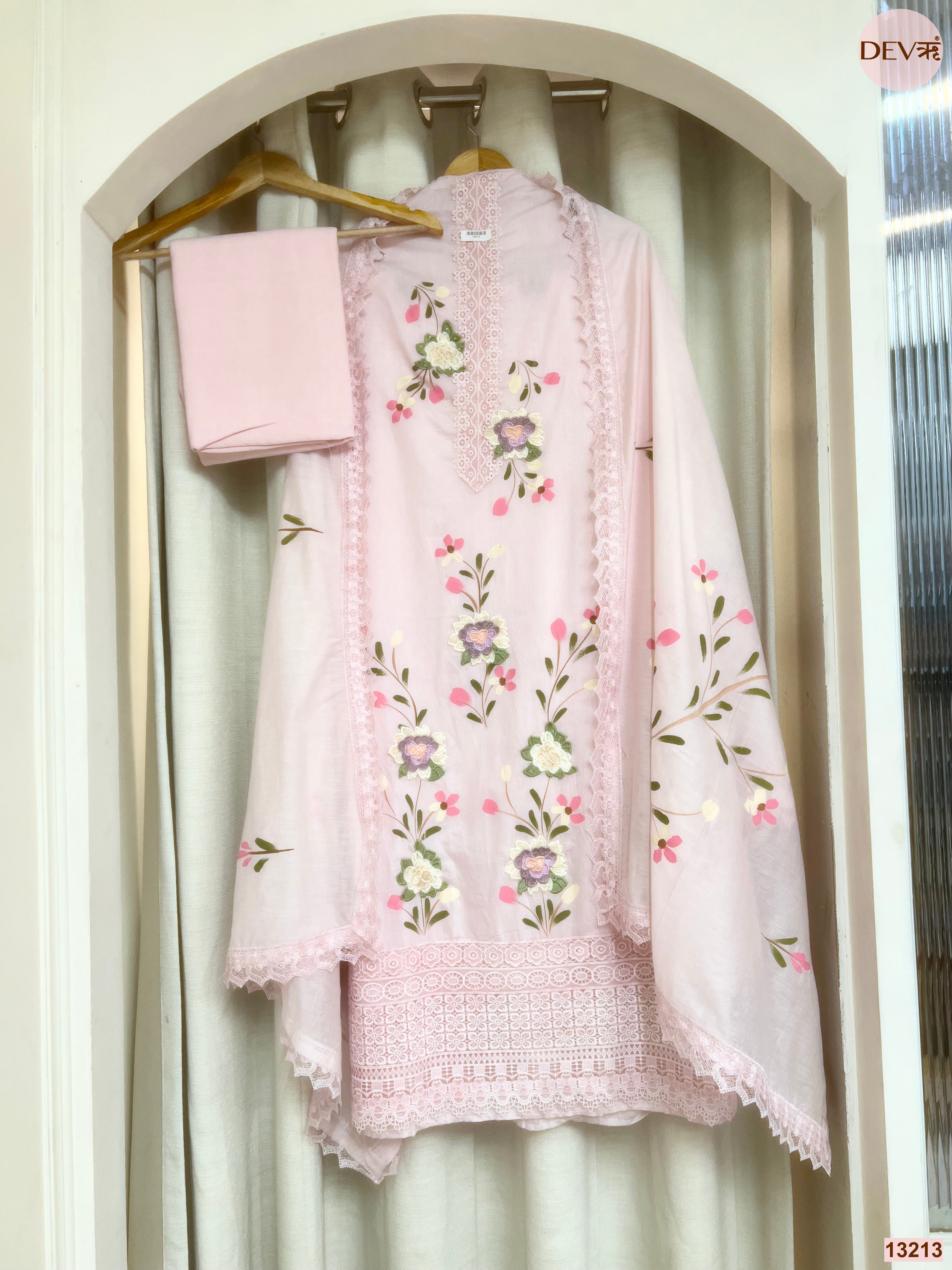 Pink Mul Chanderi Embroidered Unstitched 3-Piece Suit (Devri – D.No 13213)