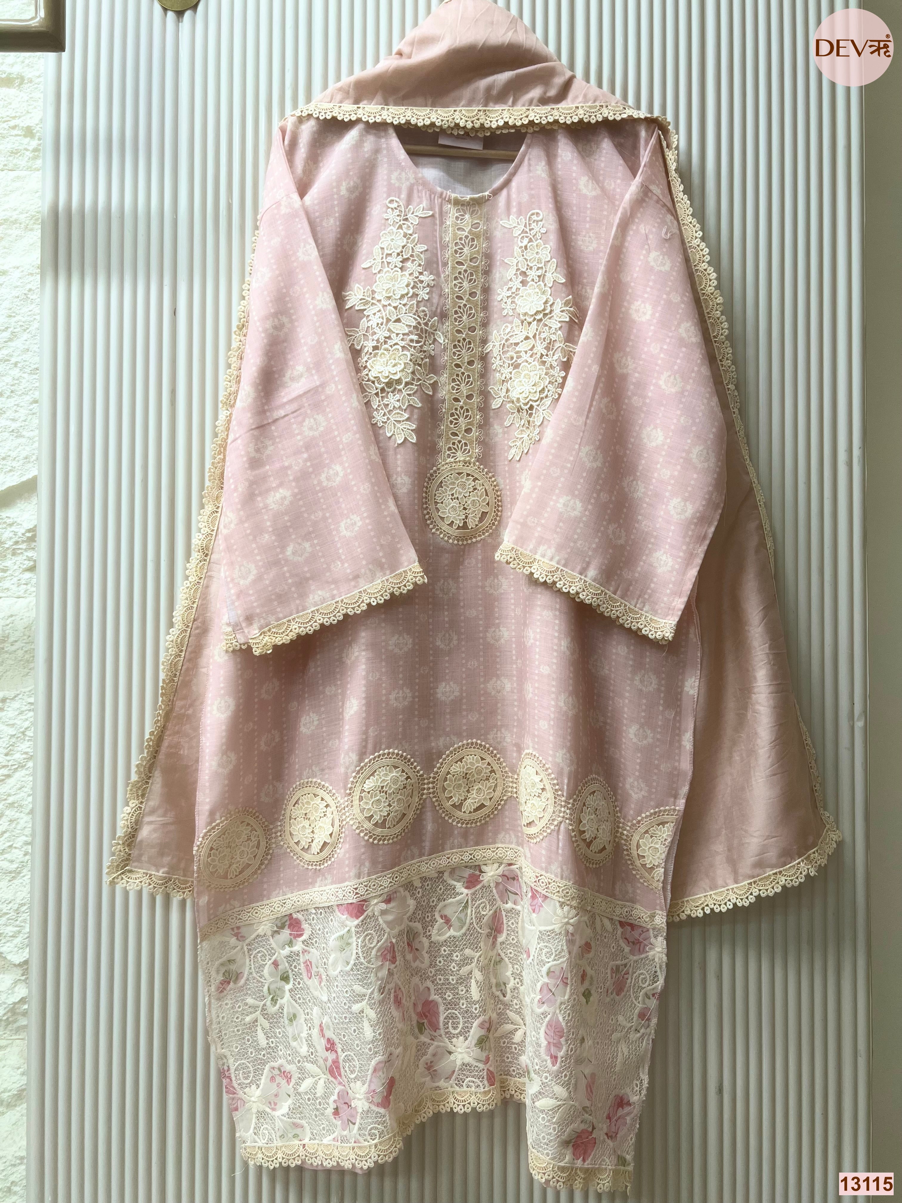 Pink Linen Cotton Embroidered Unstitched 3-Piece Suit (Devri – D.No 13115)