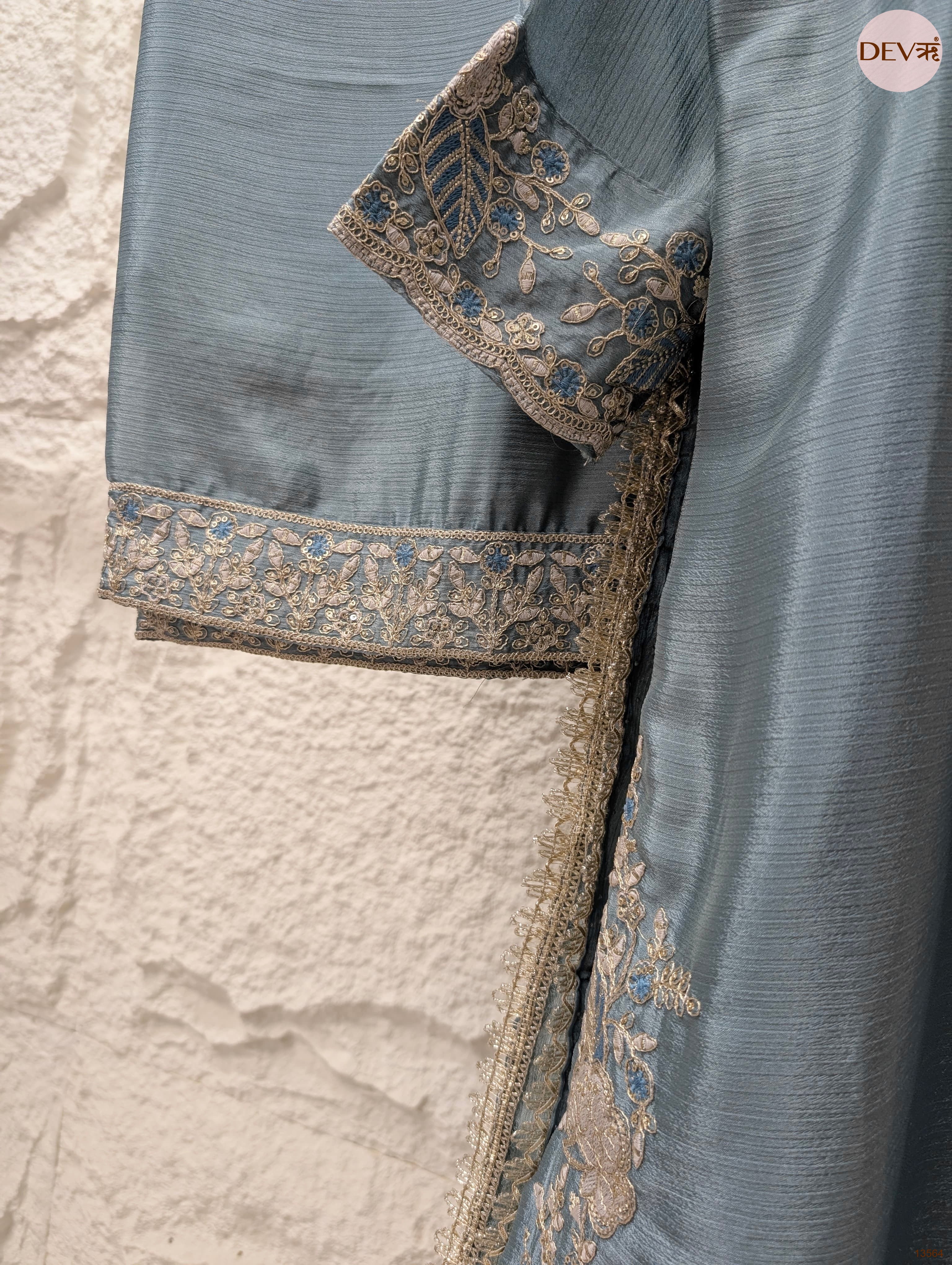 Gulnaar Chinon Embroidered Dusty Blue 3-Piece Set (Devri – D.No 13564)