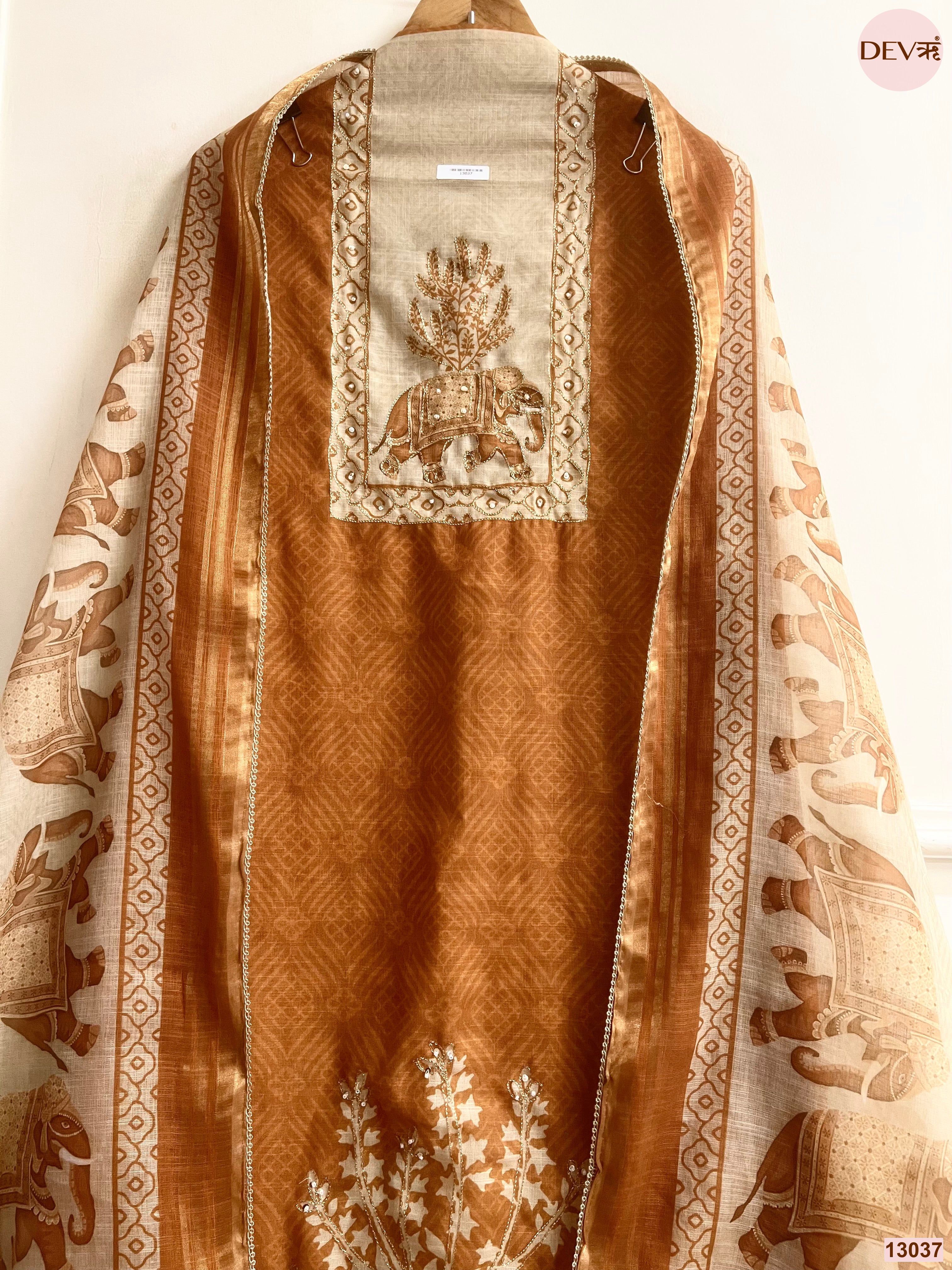 Mustard Linen Cotton Printed Unstitched 3-Piece Suit (Devri – D.No 13037)