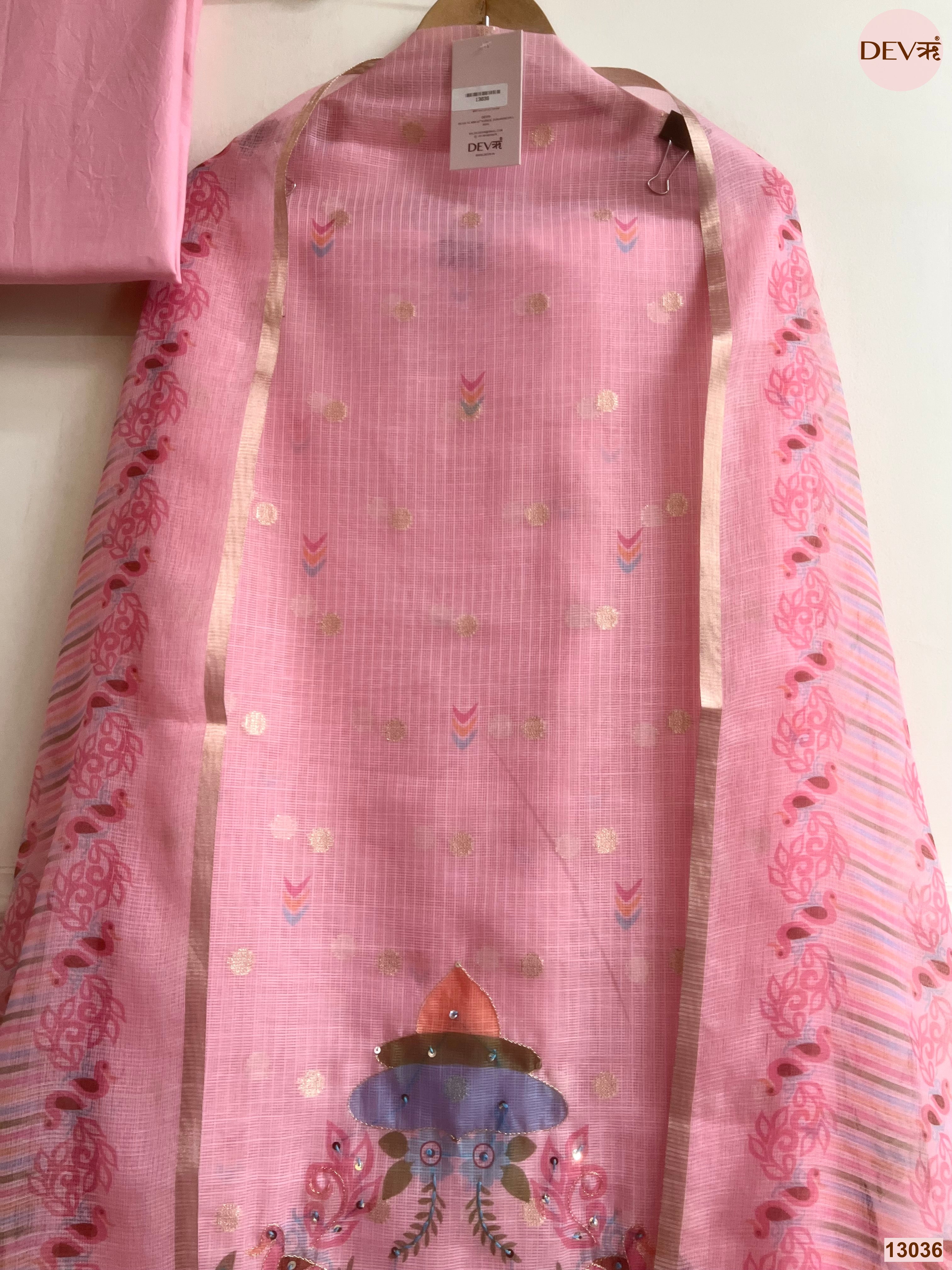 Pink Kota Zari Printed Unstitched 3-Piece Suit (Devri – D.No 13036)