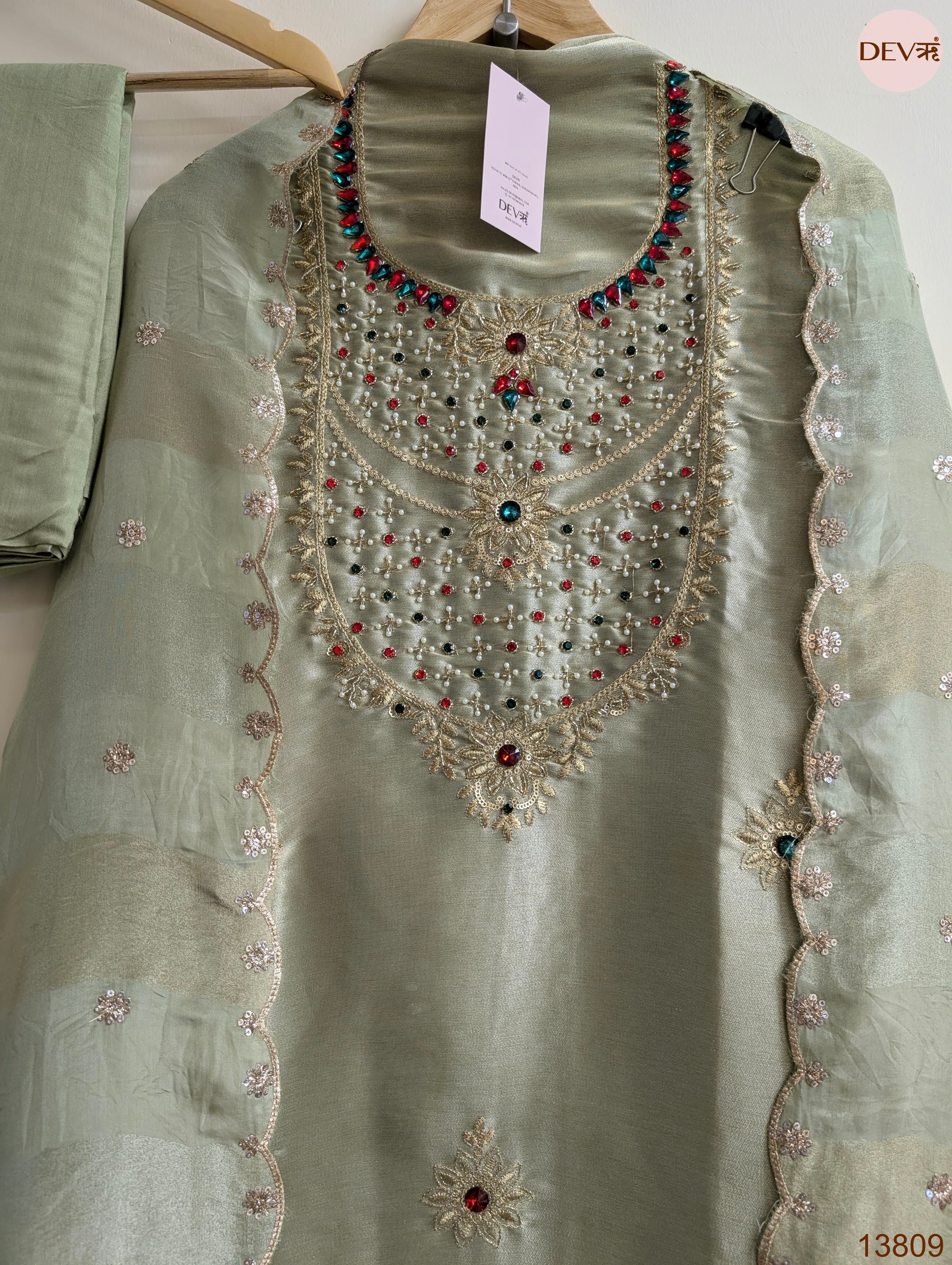 Sage Pure Tissue Giraffe Silk Embroidered Unstitched 3-Piece Suit (Devri – D.No 13809)