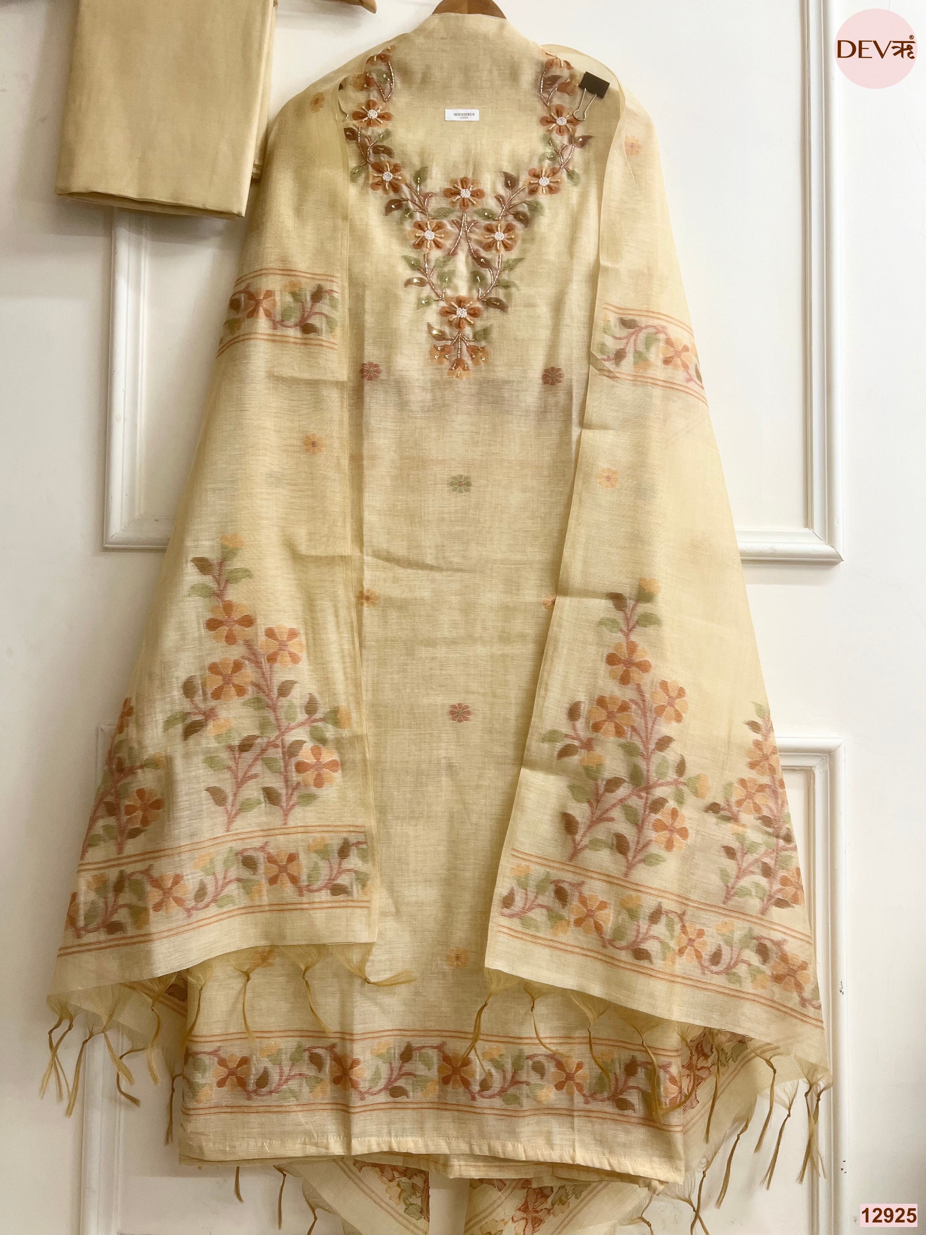 Cream Jamdani Cotton Embroidered Unstitched 3-Piece Suit (Devri – D.No 12925)