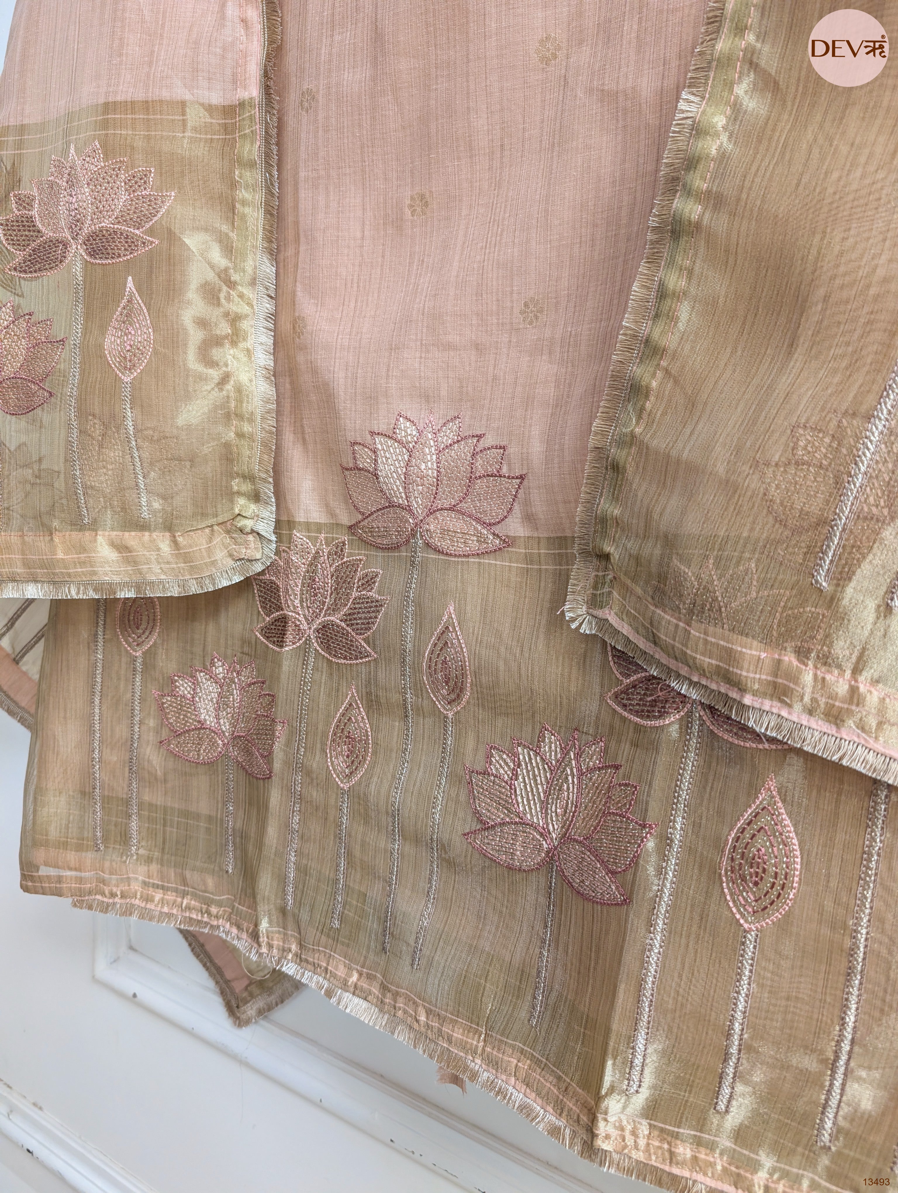 Peach Banarashi Silk Printed Unstitched 3-Piece Suit (Devri – D.No 13493)