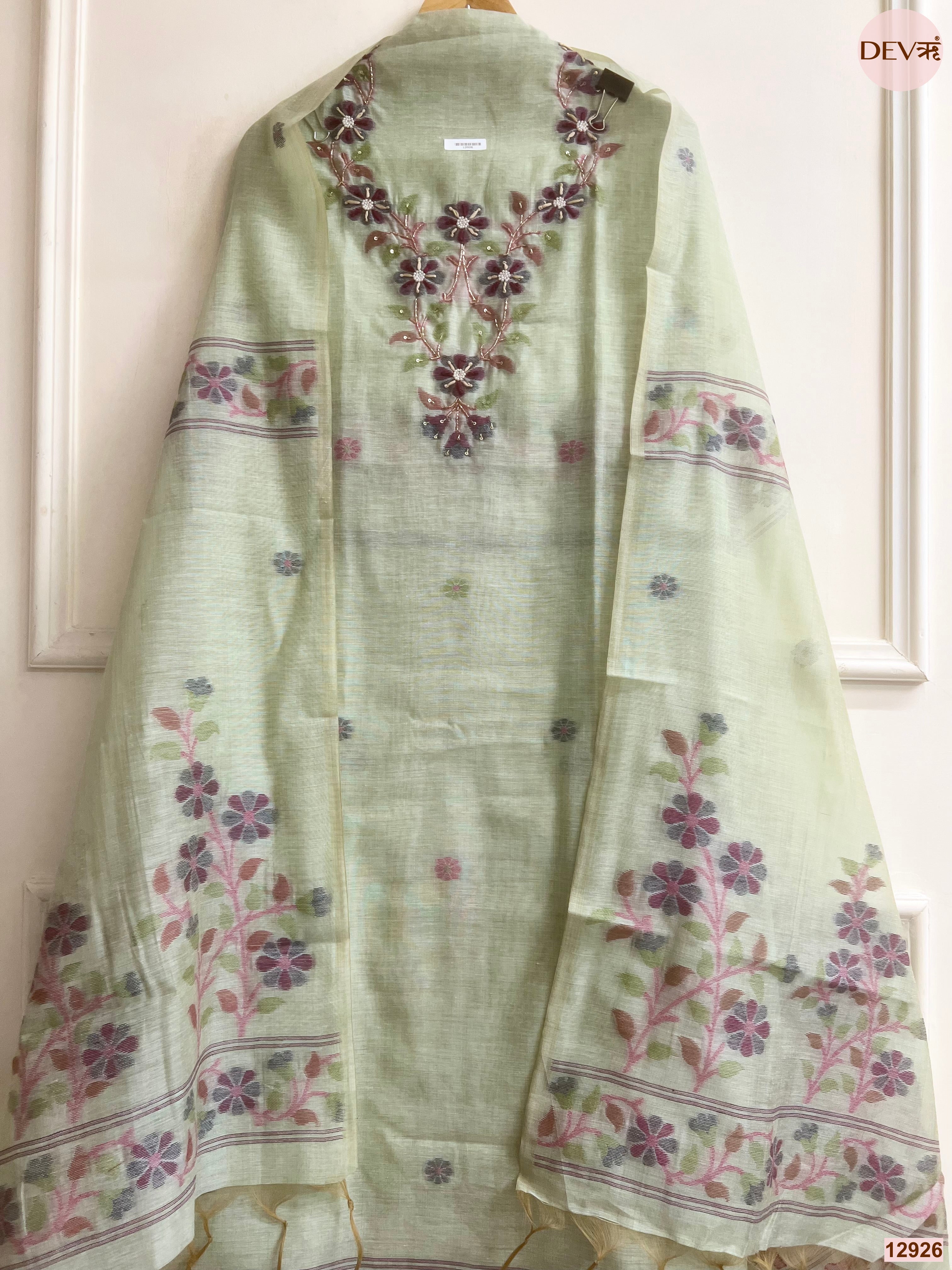 Green Jamdani Cotton Printed Unstitched 3-Piece Suit (Devri – D.No 12926)