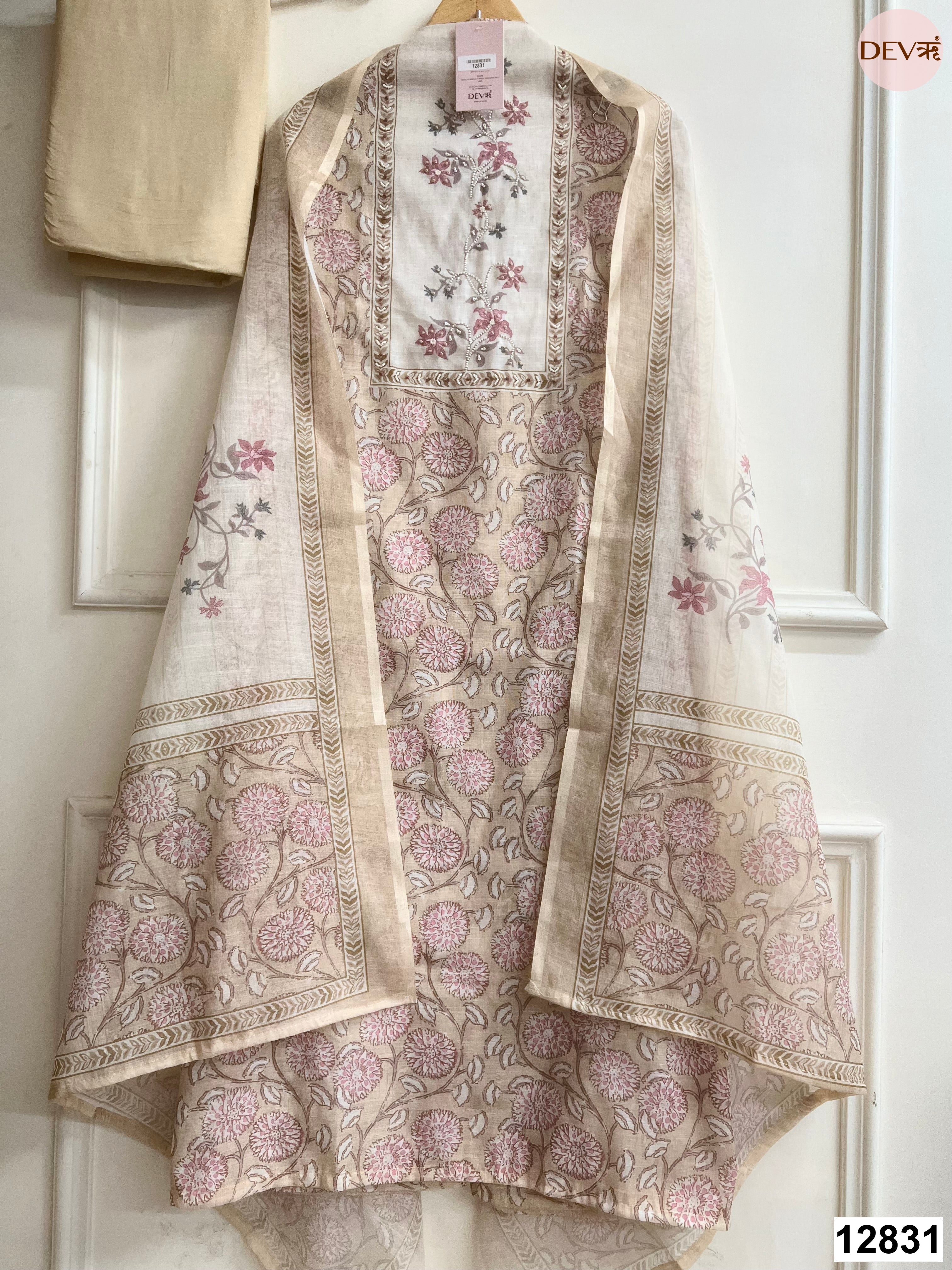 Beige Linen Cotton Printed Unstitched 3-Piece Suit (Devri – D.No 12831)