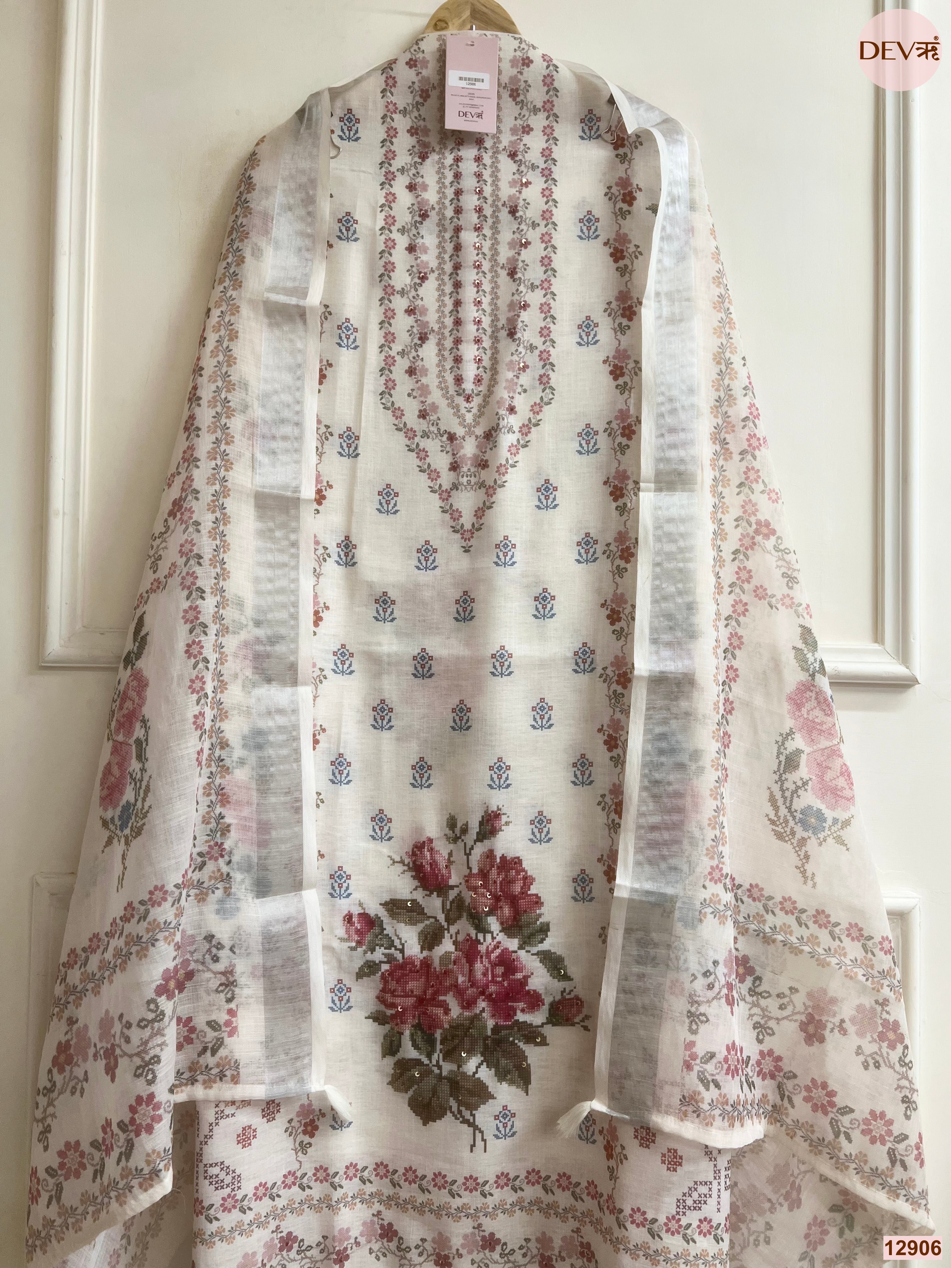 Cream Linen Printed Unstitched 3-Piece Suit (Devri – D.No 12906)
