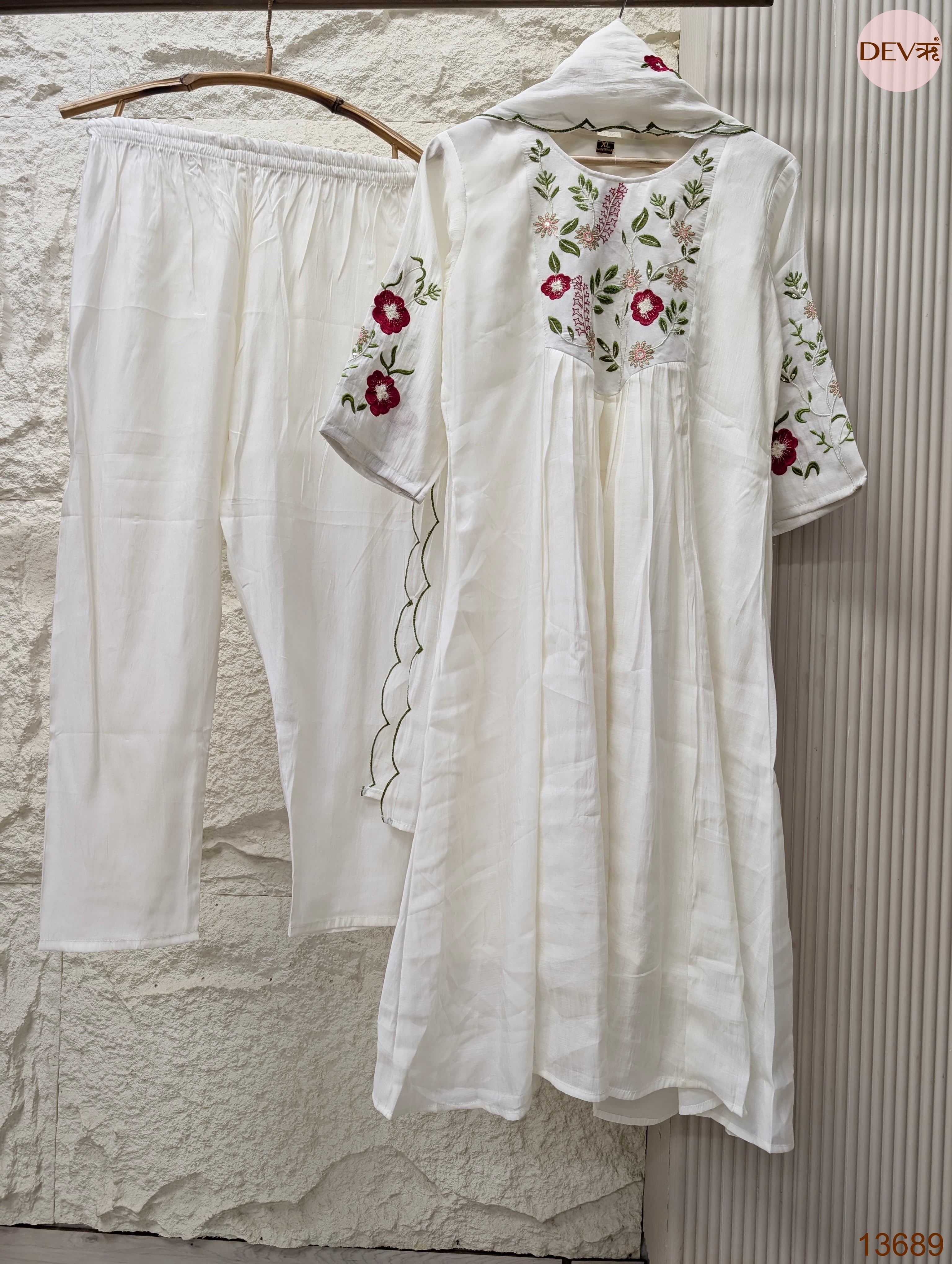 Gulnaar Mul Chanderi Embroidered Off-White 3-Piece Set (Devri – D.No 13689)