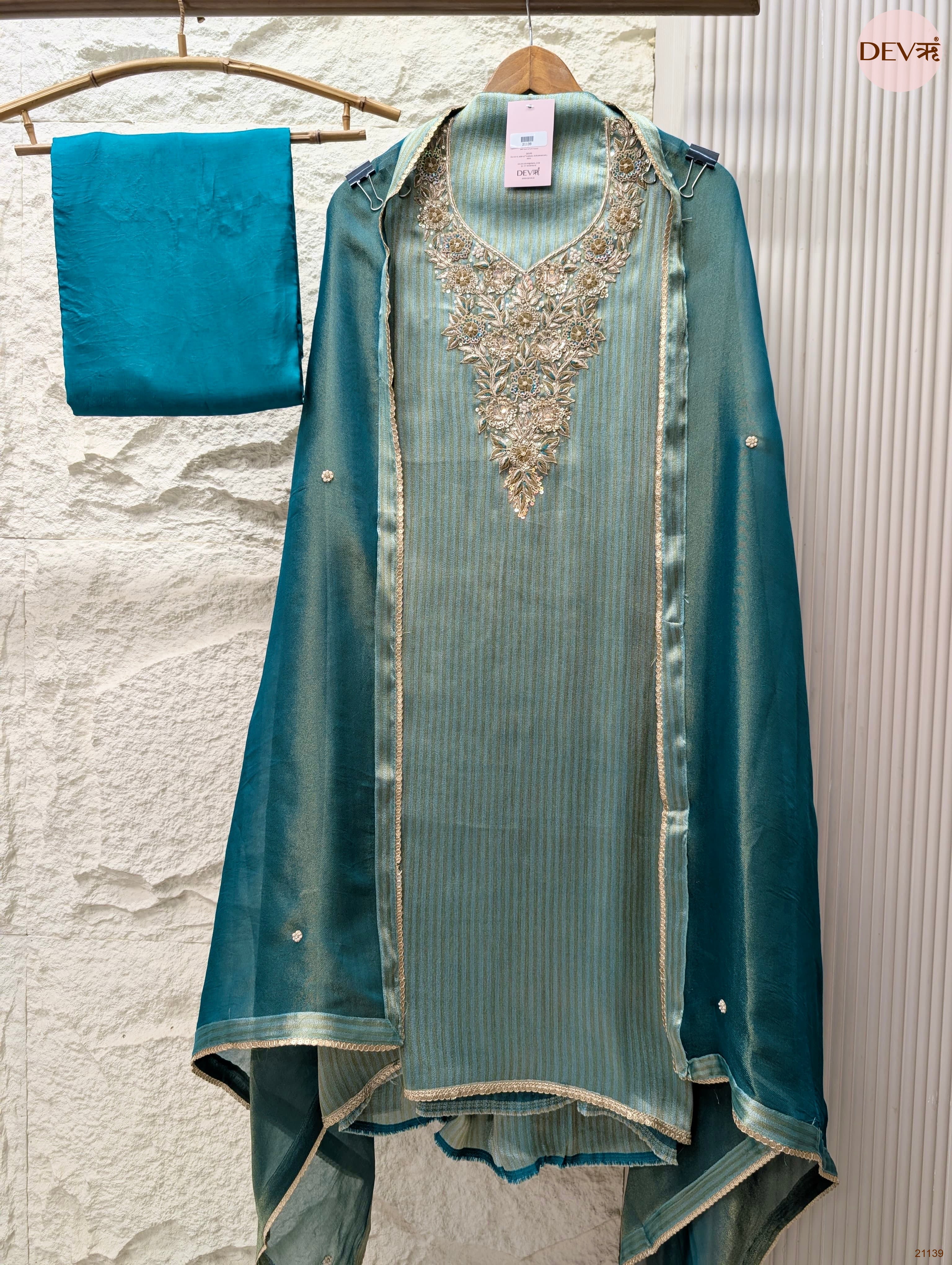 Teal Pure Tissue Silk Embroidered Unstitched 3-Piece Suit (Devri – D.No 21139)