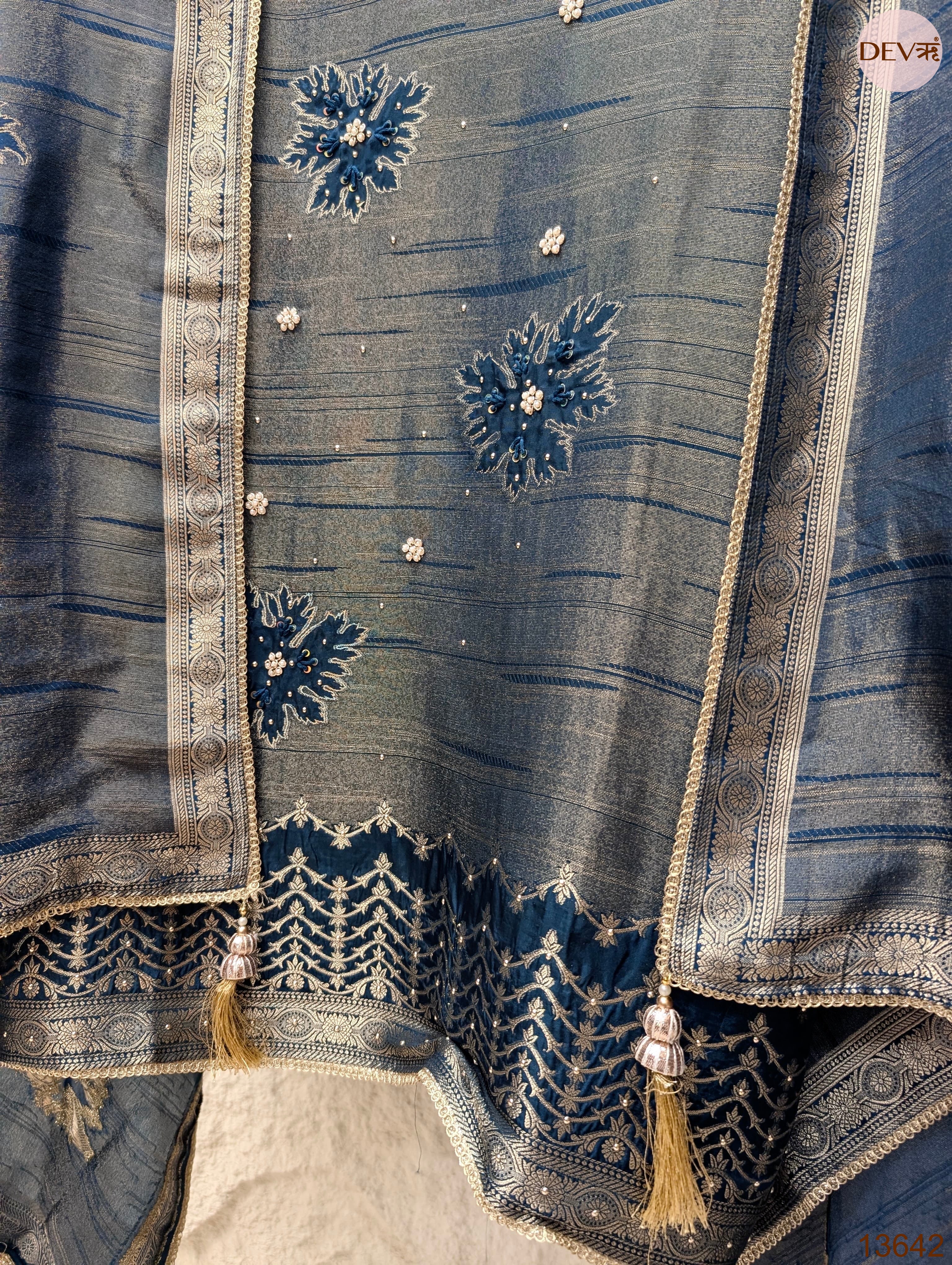 Blue Pure Girafe Banarasi Silk Embroidered Unstitched 3-Piece Suit (Devri – D.No 13642)