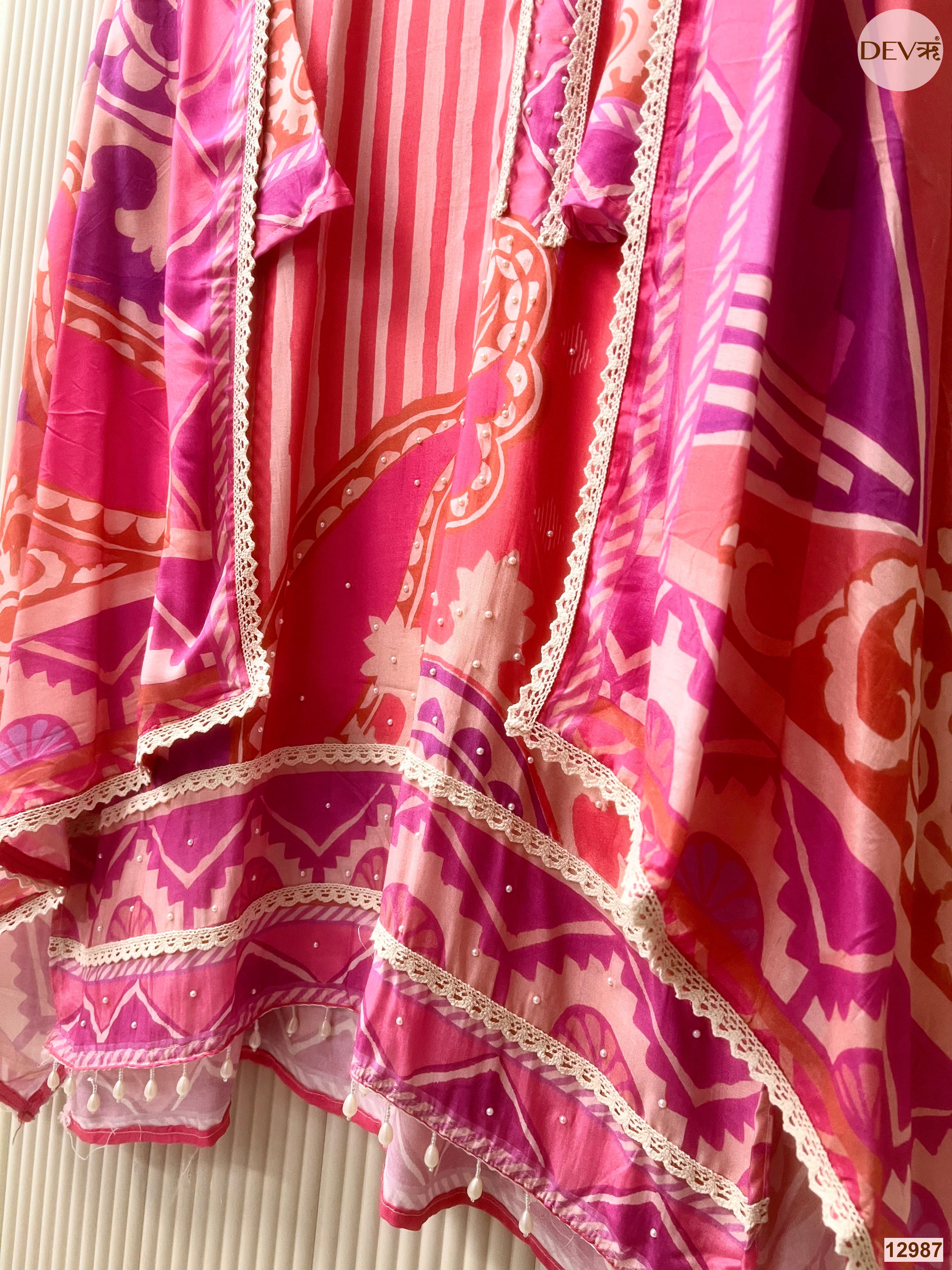 Pink Muslin Printed Unstitched 3-Piece Suit (Devri – D.No 12987)