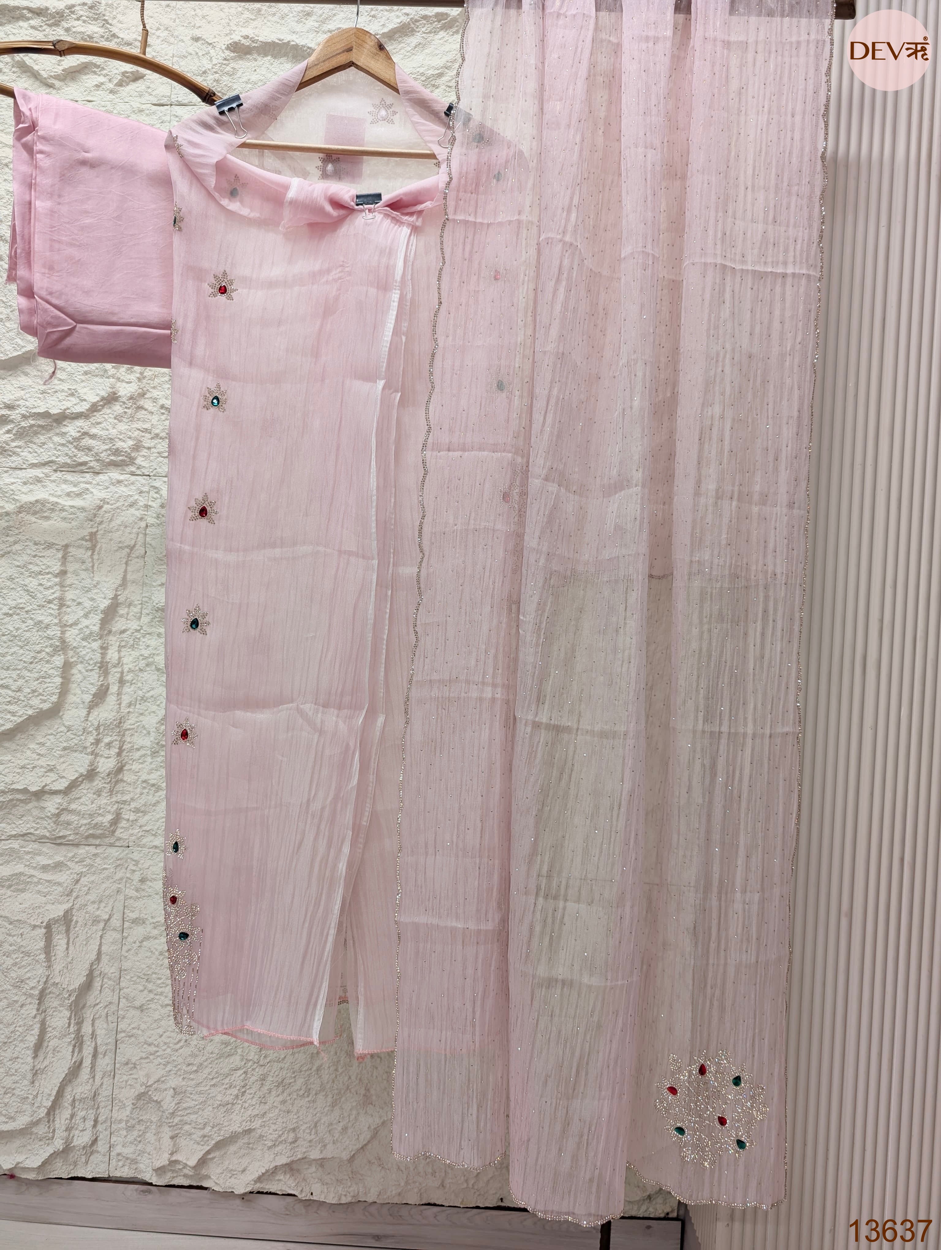 Pink Pure Organza Silk Embroidered Unstitched 3-Piece Suit (Devri – D.No 13637)