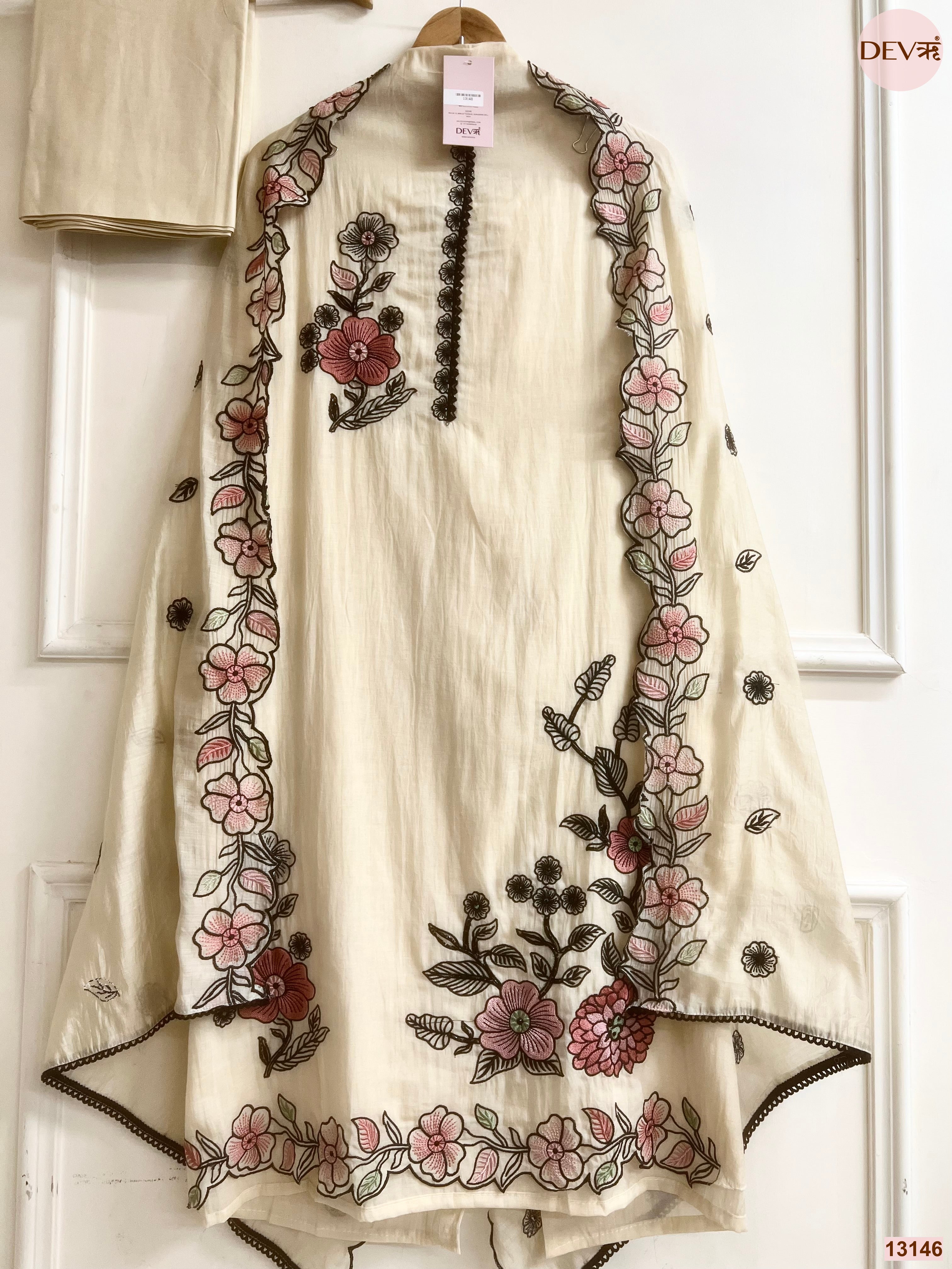 Cream Mul Chanderi Embroidered Unstitched 3-Piece Suit (Devri – D.No 13146)