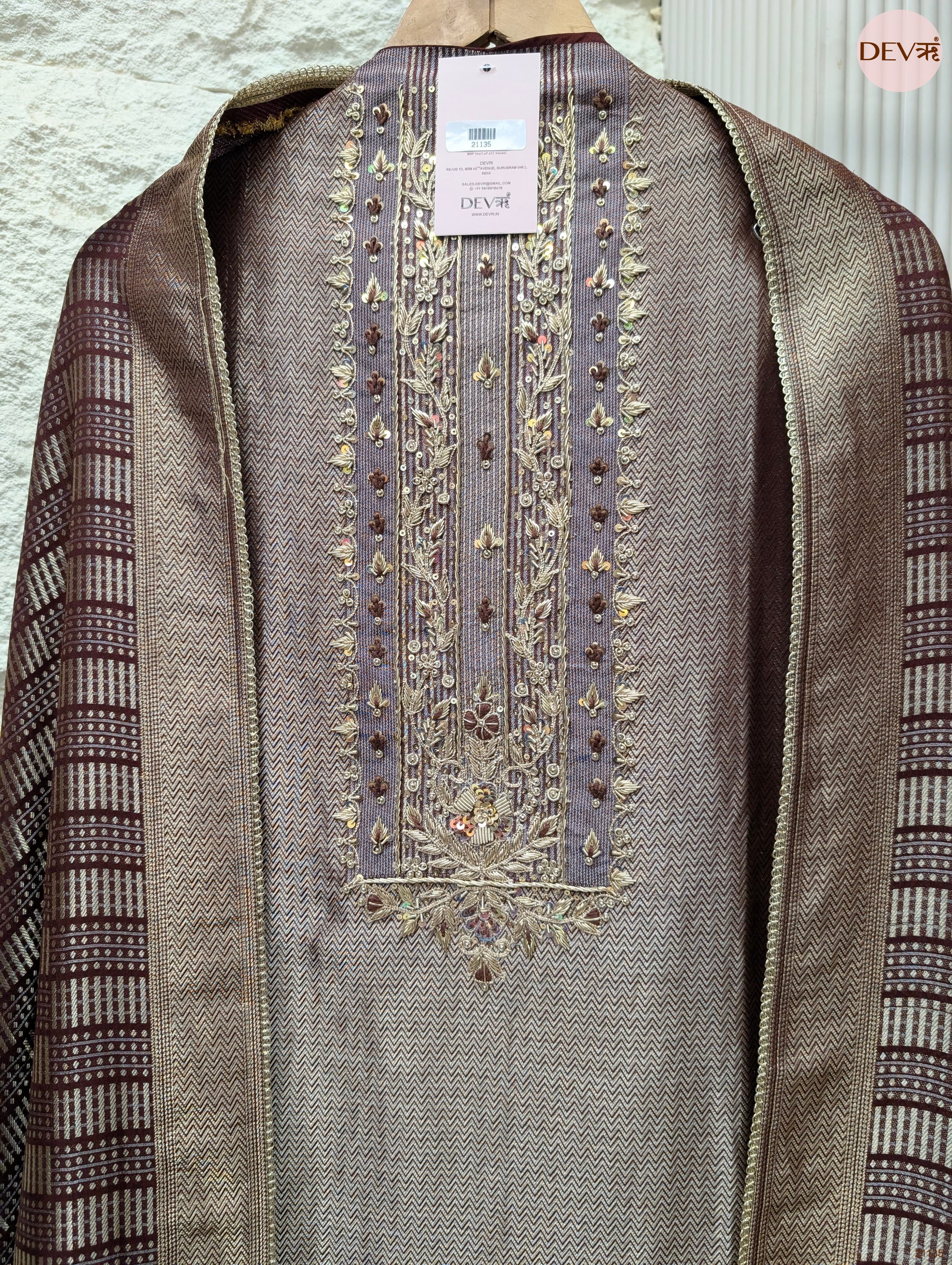 Brown Pure Giraffe Banarasi Silk Embroidered Unstitched 3-Piece Suit (Devri – D.No 21135)